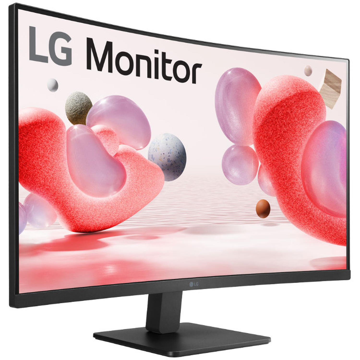 Curved LG monitor showing abstract shapes in red, pink, and white. Black stand and frame. LG Monitor text is visible.