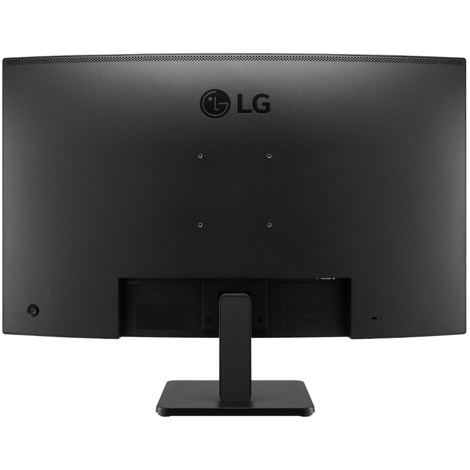 The back of a black LG monitor is shown. It has the LG logo, a stand, and connection ports.
