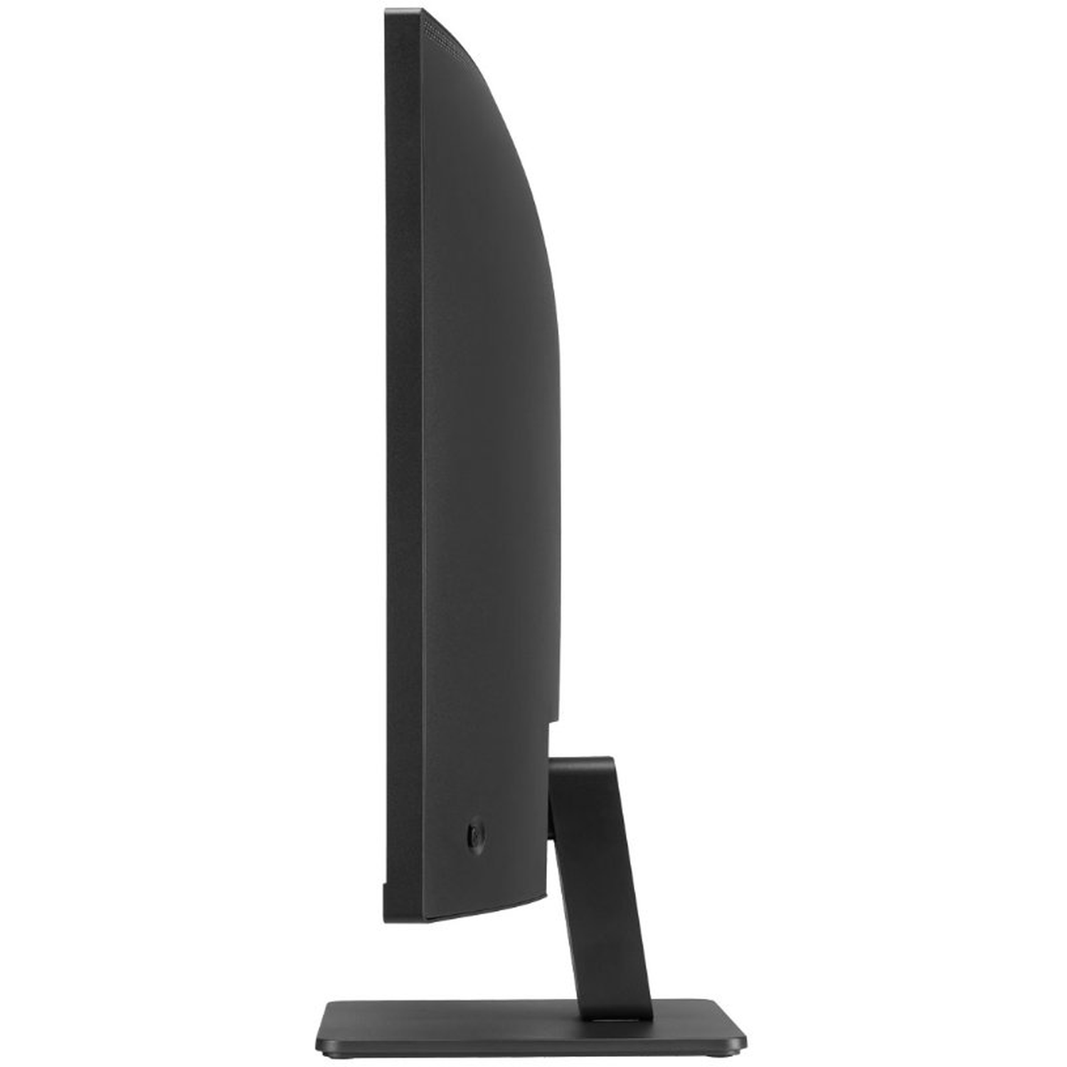 Side view of a black computer monitor. The screen is dark, the stand is a dark gray color.