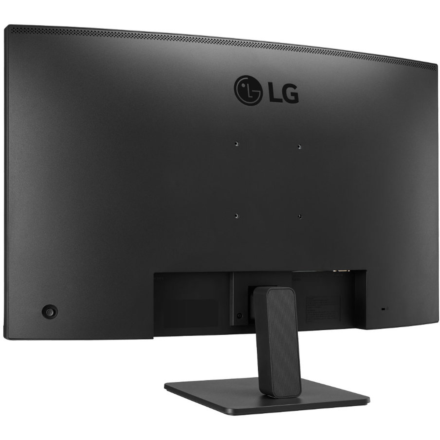 The back of a black LG monitor is shown. It has a curved design and a stand. The LG logo is visible.