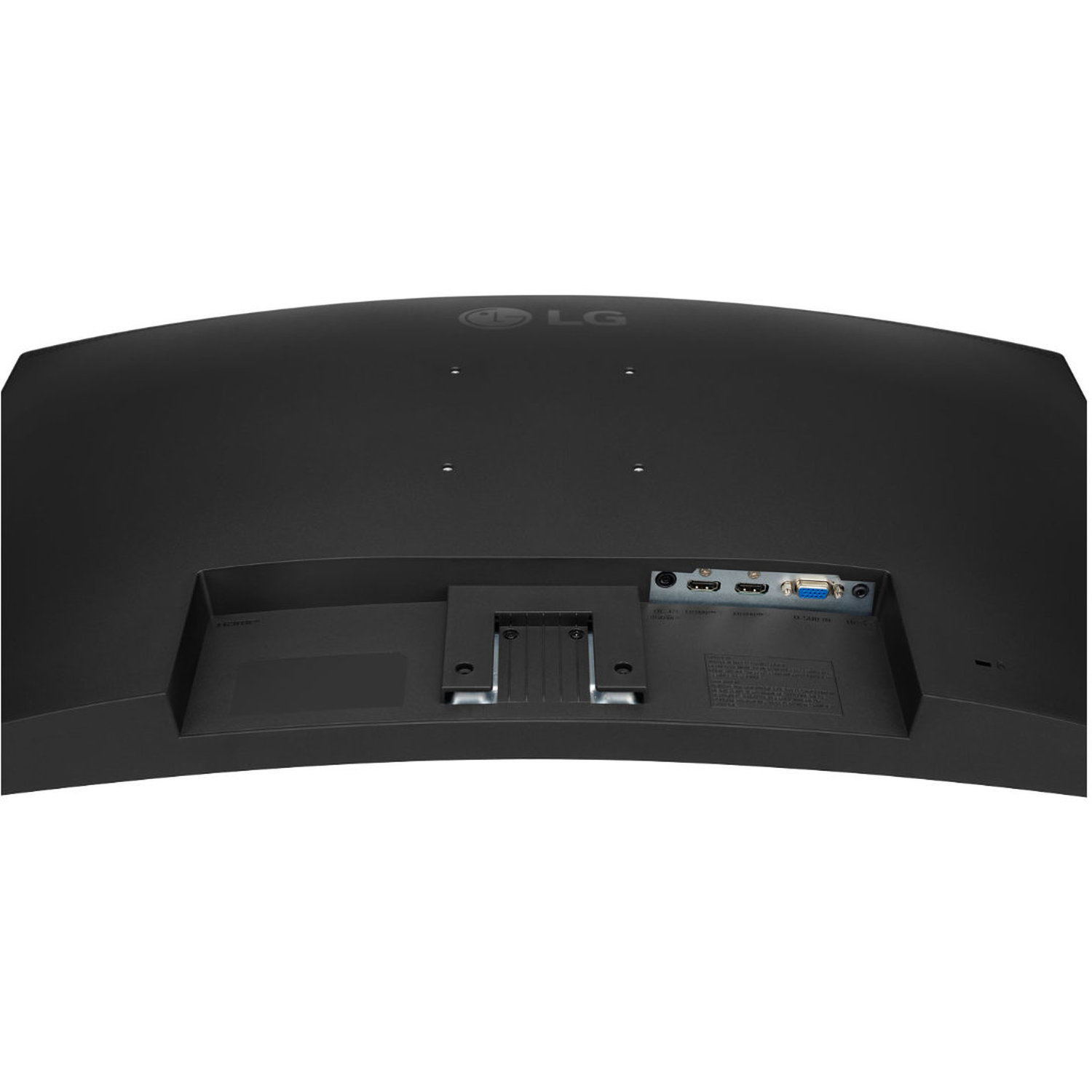 The back of a black LG curved monitor. It has ports for HDMI, VGA, and power. The LG logo is visible at the top.