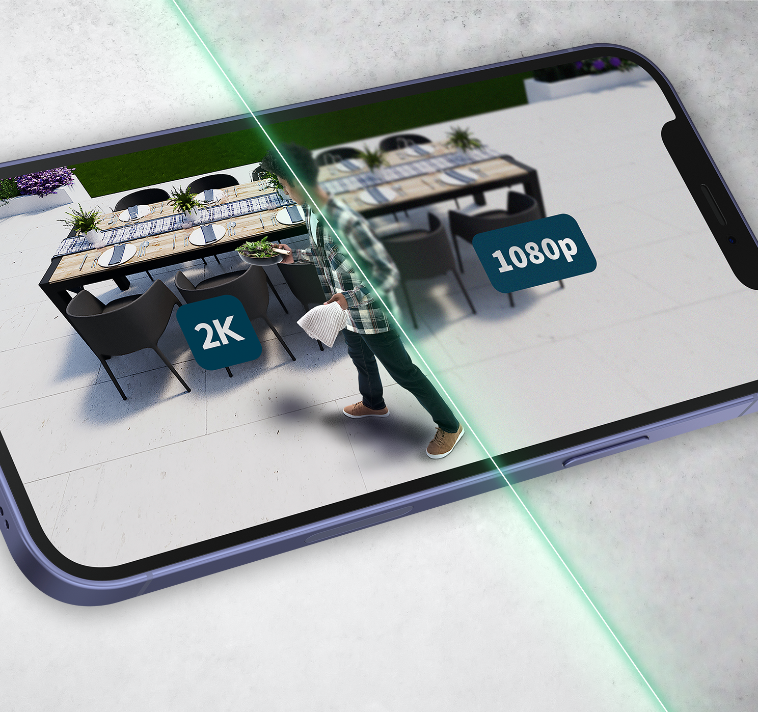 Handy-Bildschirm zeigt Gartenszene. 2K- und 1080p-Etiketten sind zu sehen.