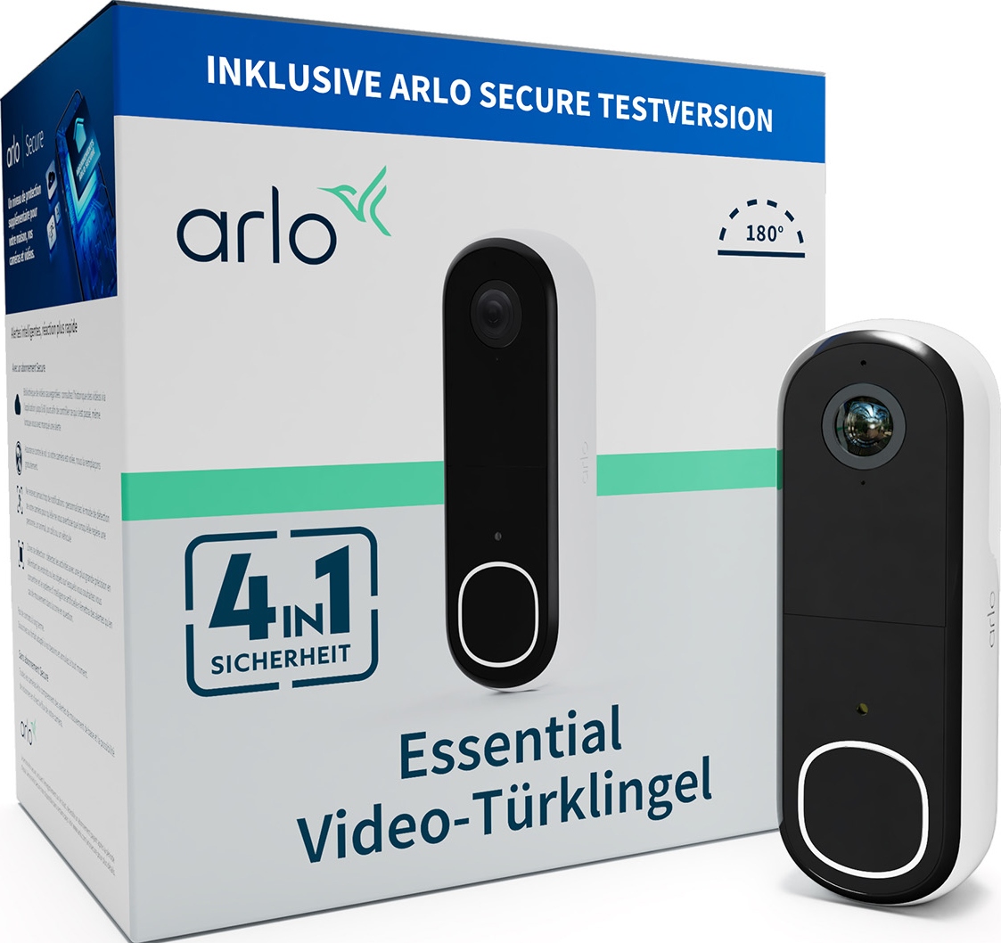 Arlo Sicherheitssystem-Box und Türklingelkamera mit weißem und schwarzem Design.