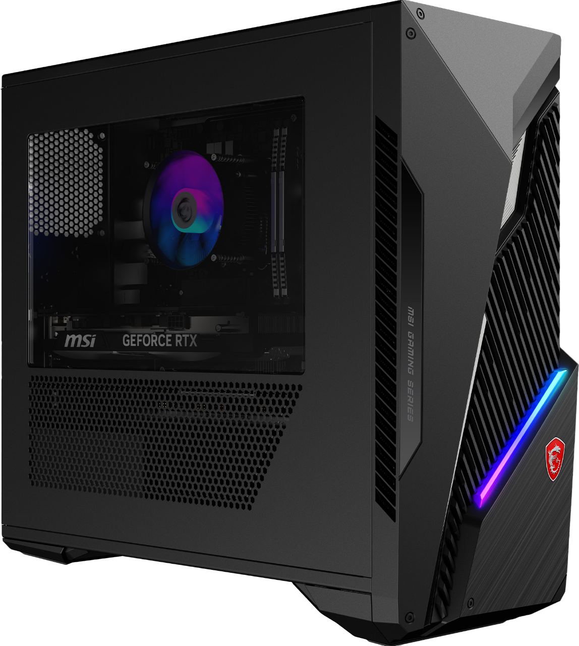 Schwarzes Computergehäuse mit transparentem Seitenteil, das interne Komponenten zeigt.