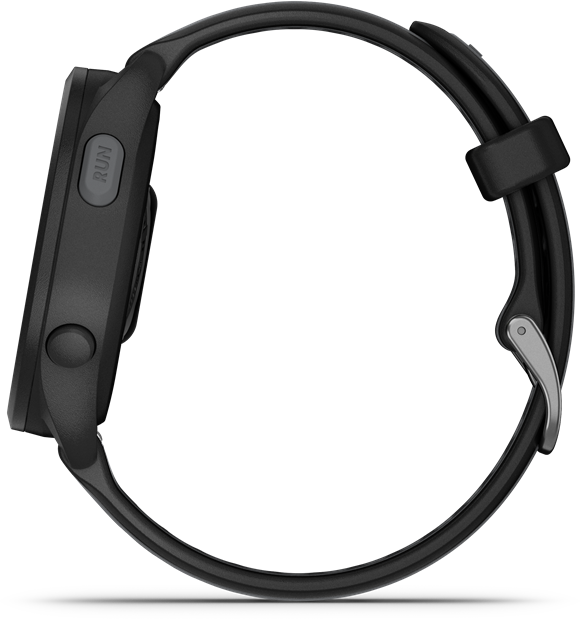 Egy fekete Garmin okosóra oldalsó nézete fekete szíjjal. A gomb RUN felirattal van ellátva.