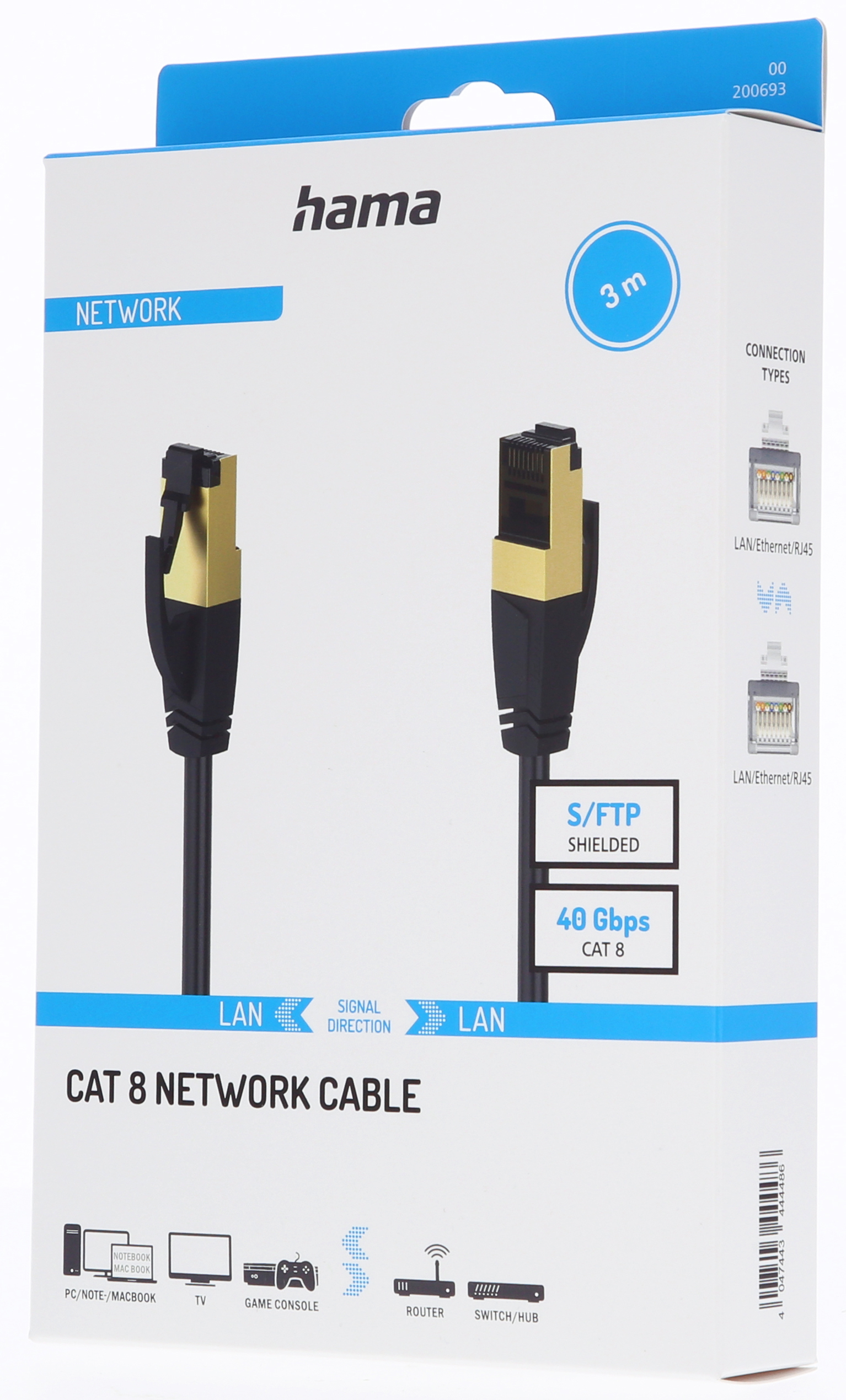 HAMA HM.200693 CAT 8, 40 Gbit/s, S/FTP Korumalı, 3m Ağ Kablosu
