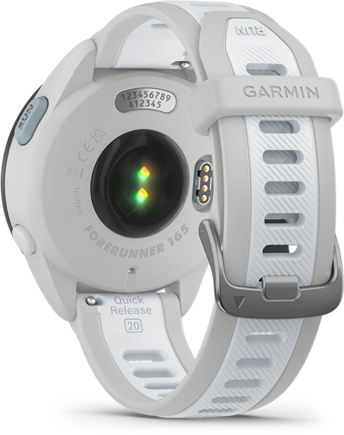 Fehér Garmin Forerunner 165 óra hátulról. Jellemzők: pulzusmérő, gyorscsat, és márkarészletek.