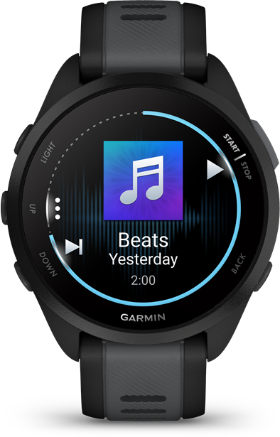 Fekete okosóra, mely zenealkalmazást jelenít meg a 'Beats Yesterday' lejátszási listával.
