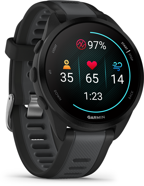 Fekete Garmin okosóra, kerek kijelzővel, amely egészségügyi adatokat mutat. A szíj fekete és szürke. A képernyőn a pulzusszám és más adatok láthatók.
