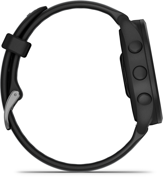 Egy fekete Garmin óra fekete szíjjal. Három gomb látható az óra jobb oldalán.
