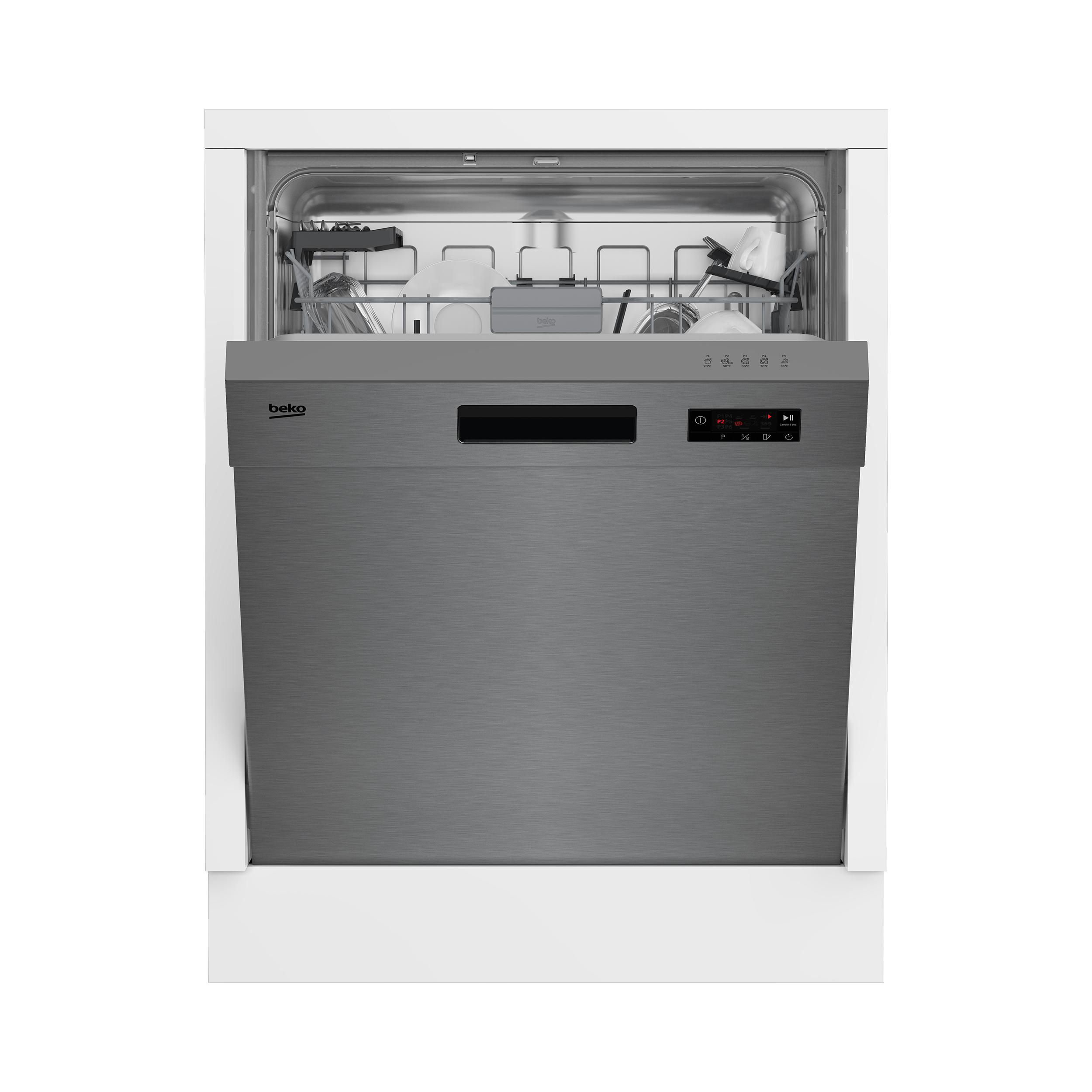 Eine graue Beko-Spülmaschine, geöffnet, zeigt Geschirrregale mit Geschirr. Es steht in einem weißen Schrank.