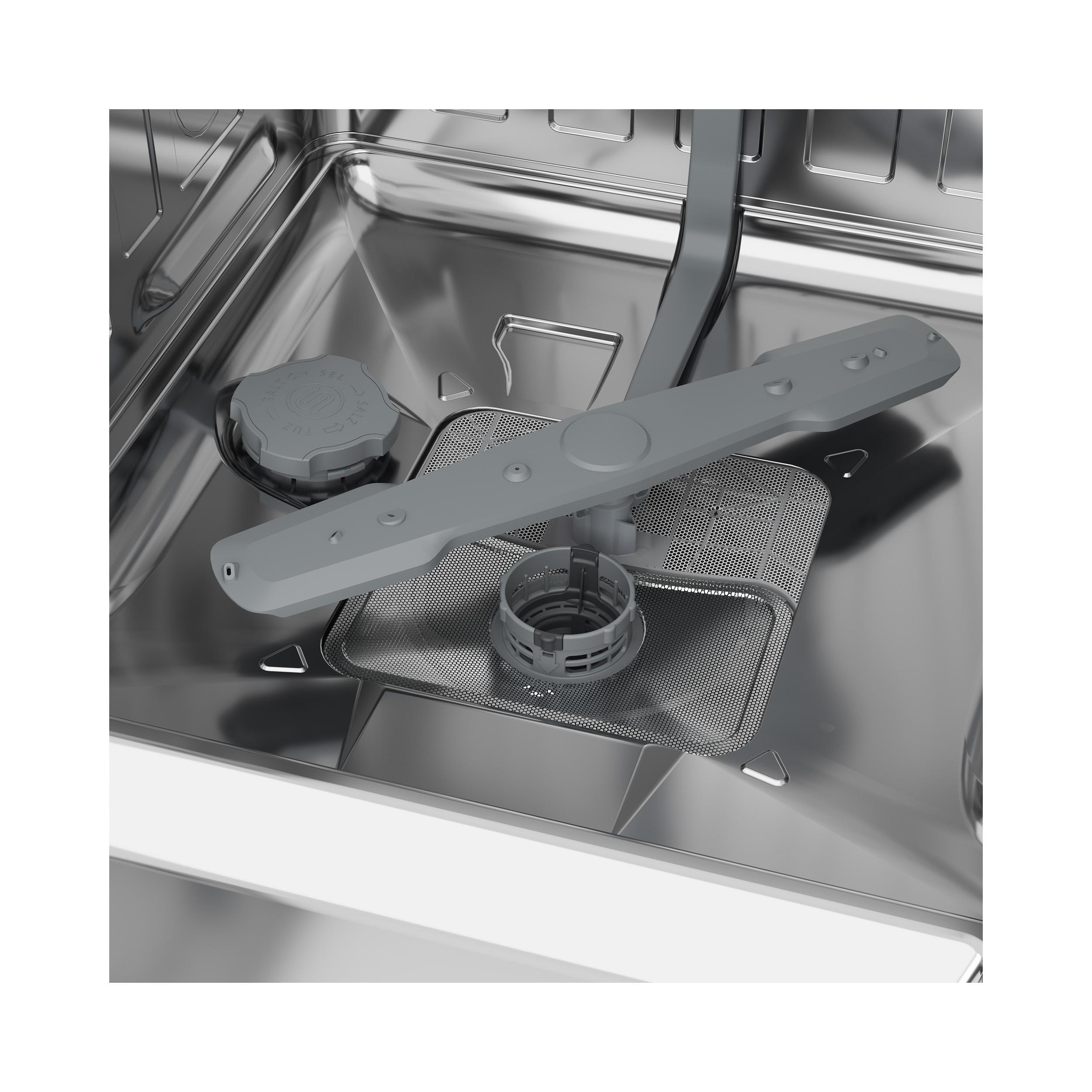 In einer Spülmaschine mit Sprüharm und Filter.