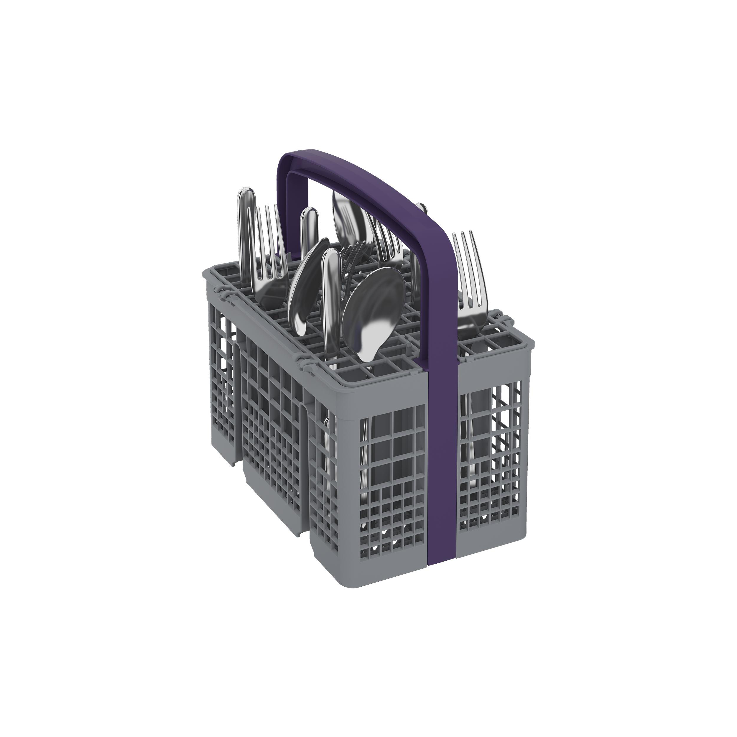 Besteckkorb für Geschirrspüler mit lila Griff. Besteck innen, grauer Korb. Weißer Hintergrund.