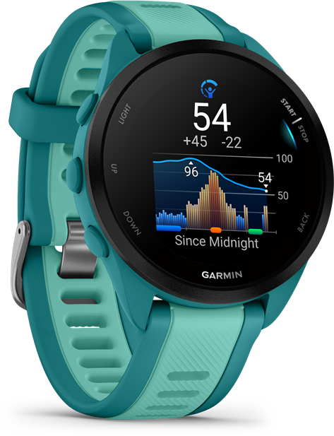 Türkiz Garmin okosóra fekete képernyővel, statisztikákat mutatva. Pulzusszámot, időt és grafikont jelenít meg.