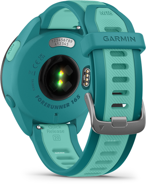 Türkiz és világoszöld Garmin Forerunner 165 okosóra. Fordítva van.