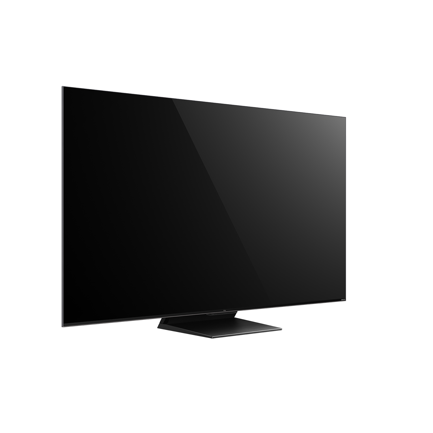 İnce çerçeveli büyük siyah bir TV, siyah bir sehpa üzerinde duruyor.