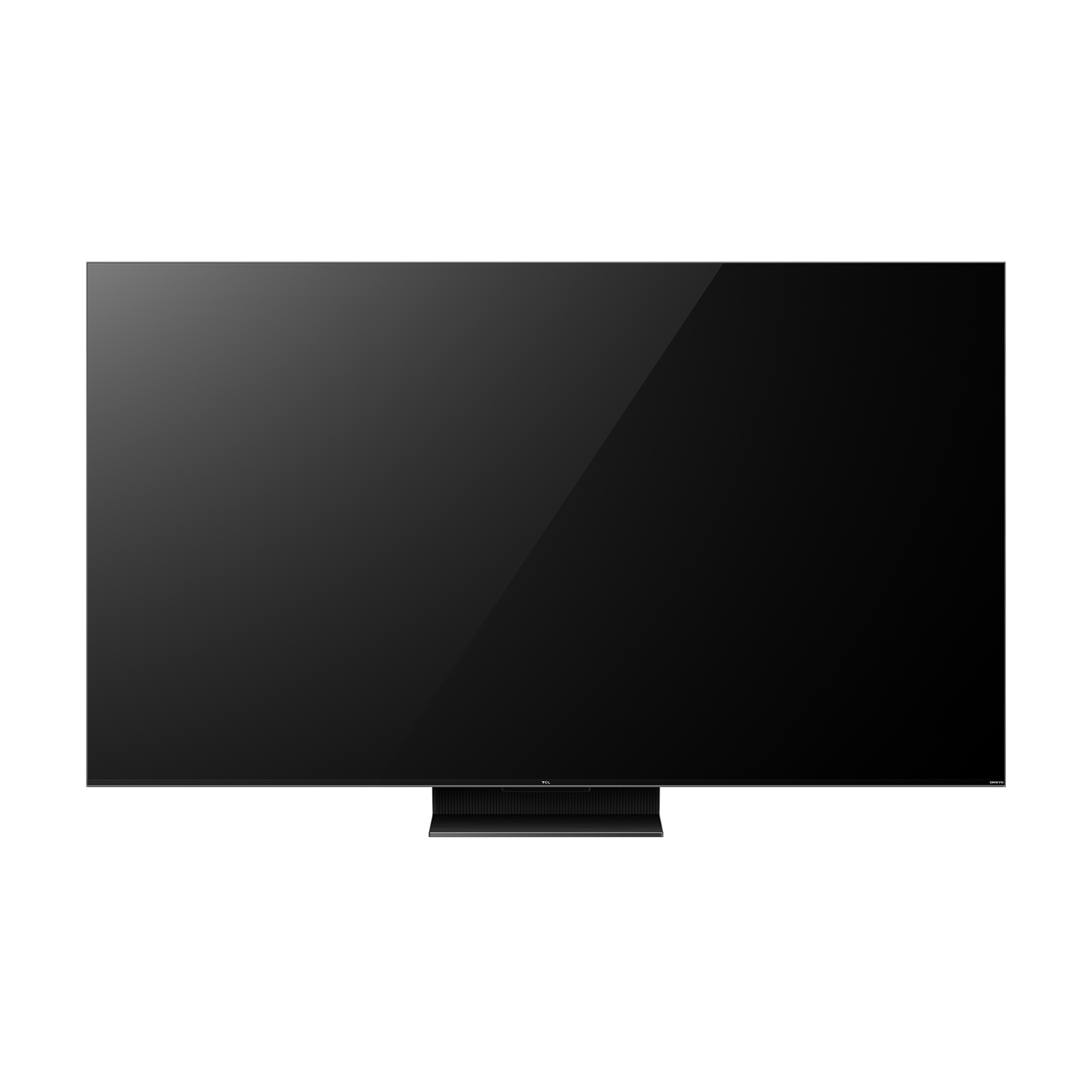 Siyah zemin üzerinde siyah standlı büyük siyah TV ekranı. Minimalist ve modern tasarım.