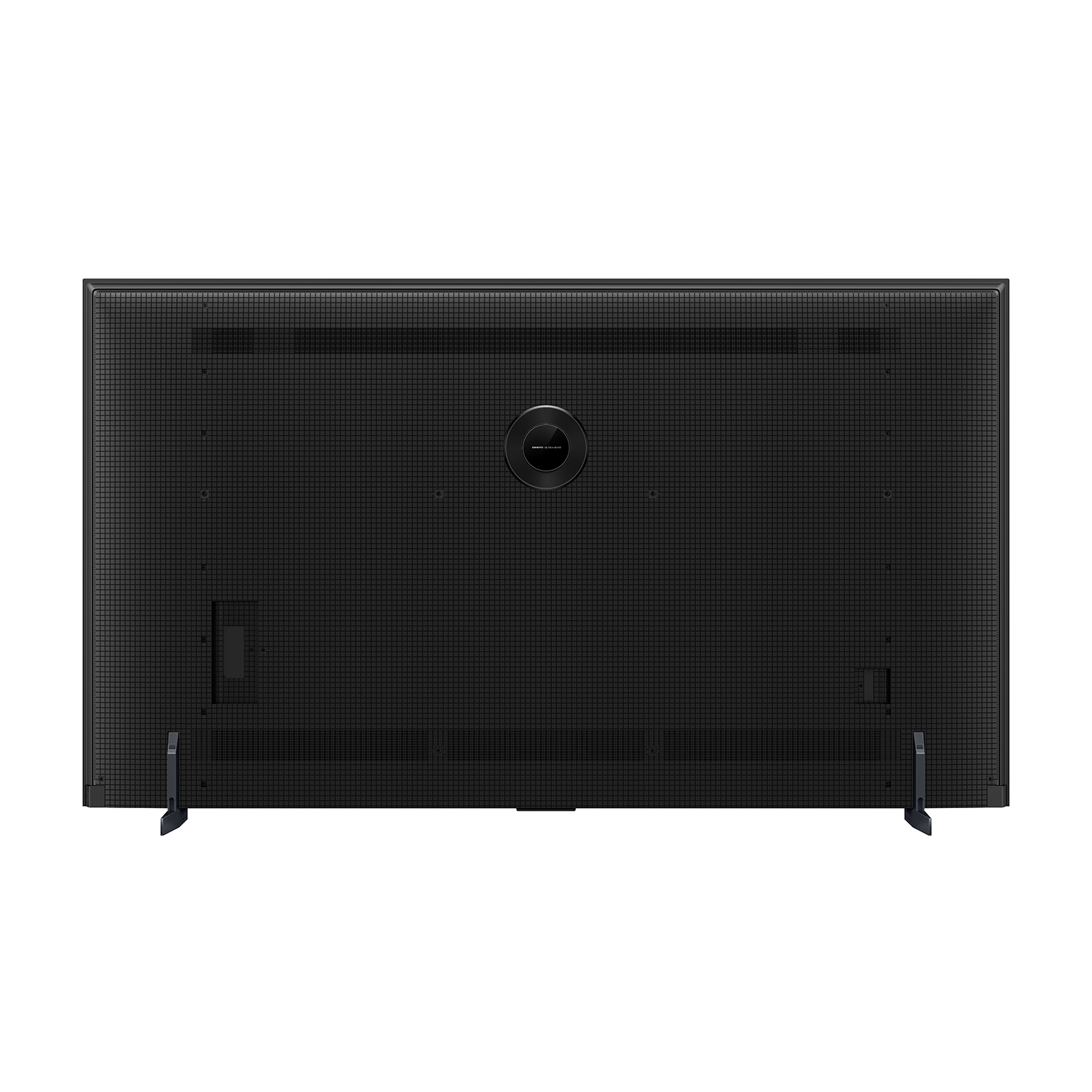 Izgara desenli, ayaklar üzerinde duran, merkezi bir logoya sahip siyah TV arkası.