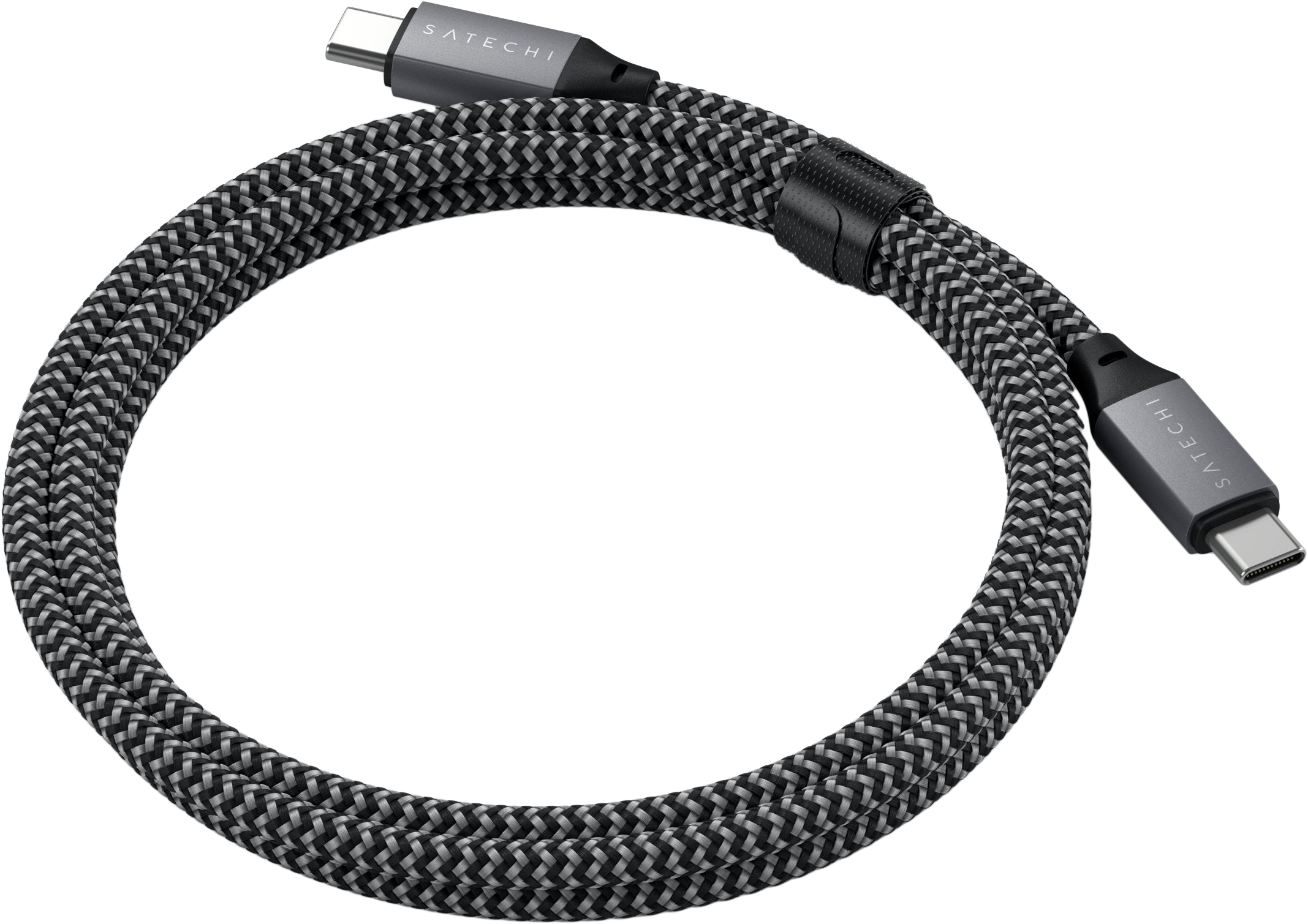 USB-C kábel, fekete és szürke fonott, Satechi logóval.