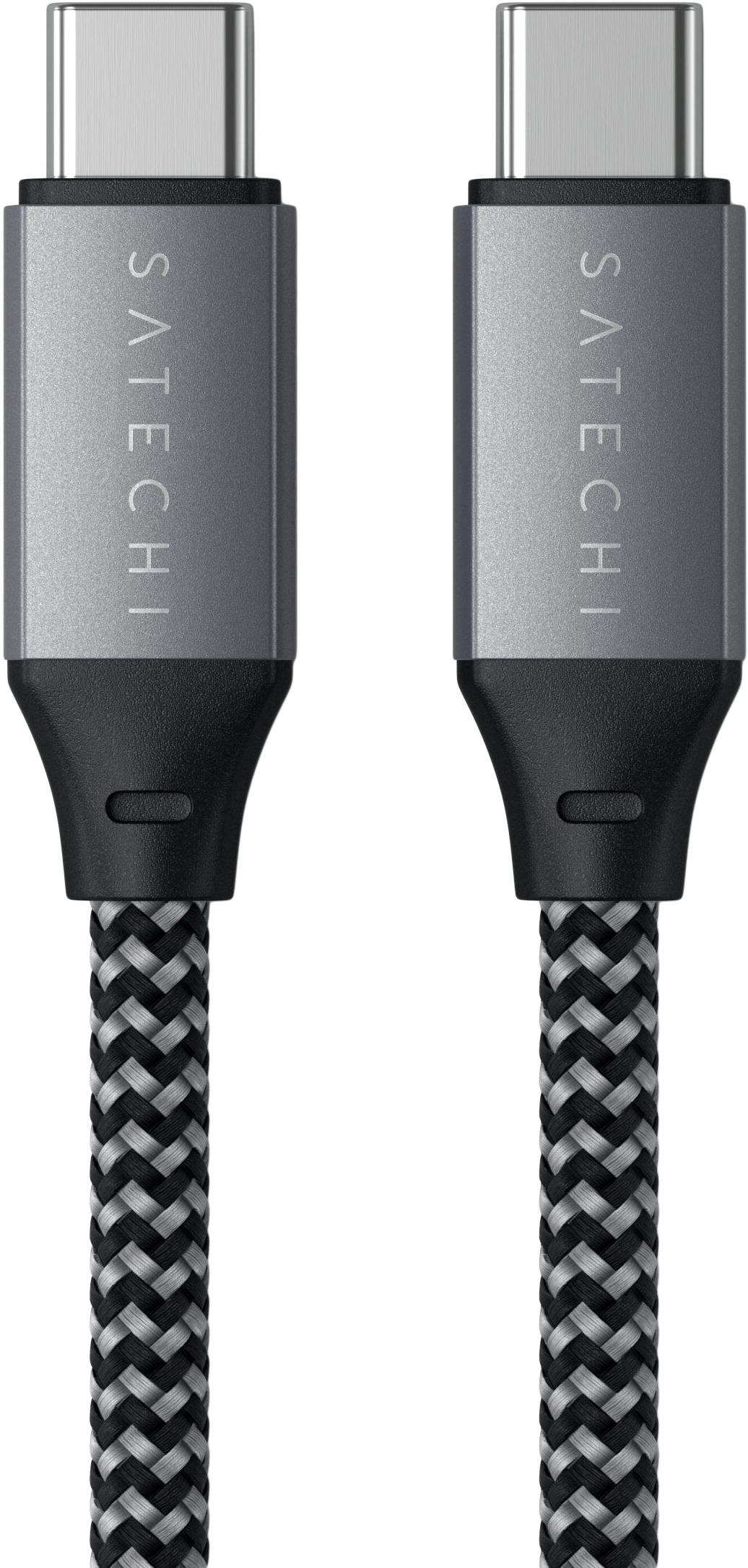 Két USB-C kábel látható, szürke fém csatlakozókkal és fekete-szürke fonott kábelekkel.