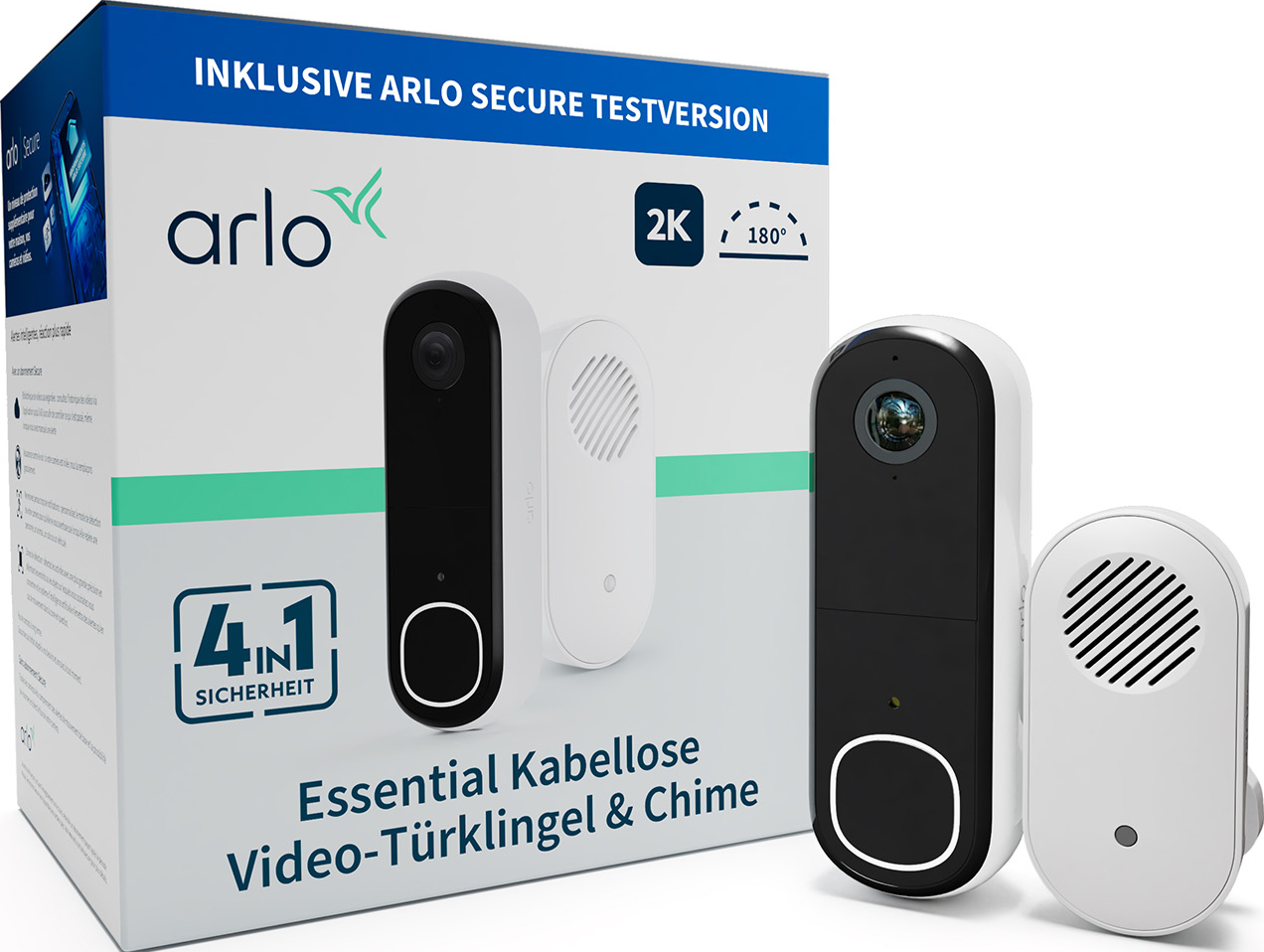 Ensemble de sonnette Arlo en boîte. Comprend la caméra de sonnette, la sonnerie et l'emballage montrant les fonctionnalités.