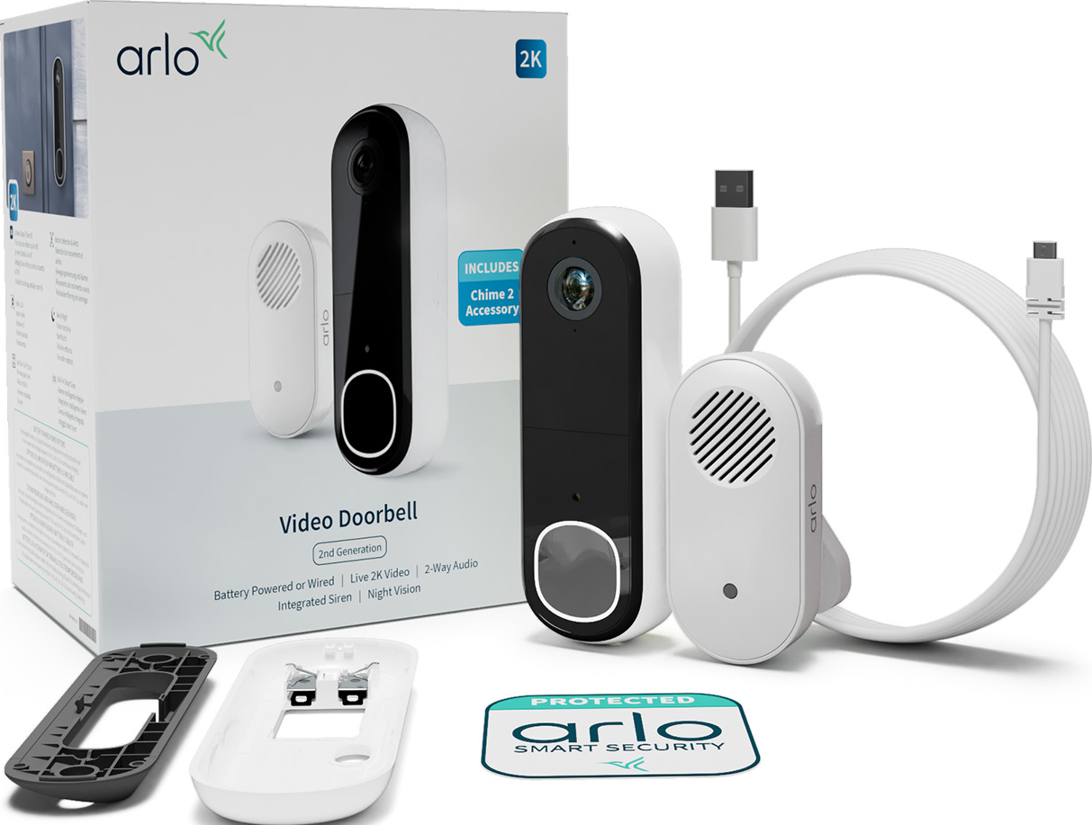 Kit de sonnette vidéo Arlo. Comprend la sonnette, la sonnerie, les câbles, le matériel de montage et l'emballage.