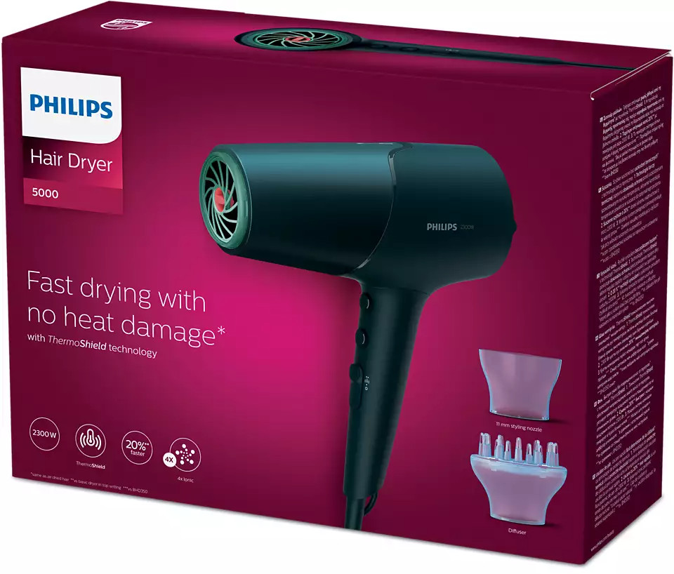 Hair dryer box showing the product and features.