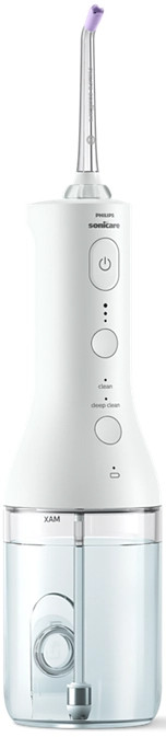 A white Philips Sonicare water flosser. It has a water tank and a purple tip.