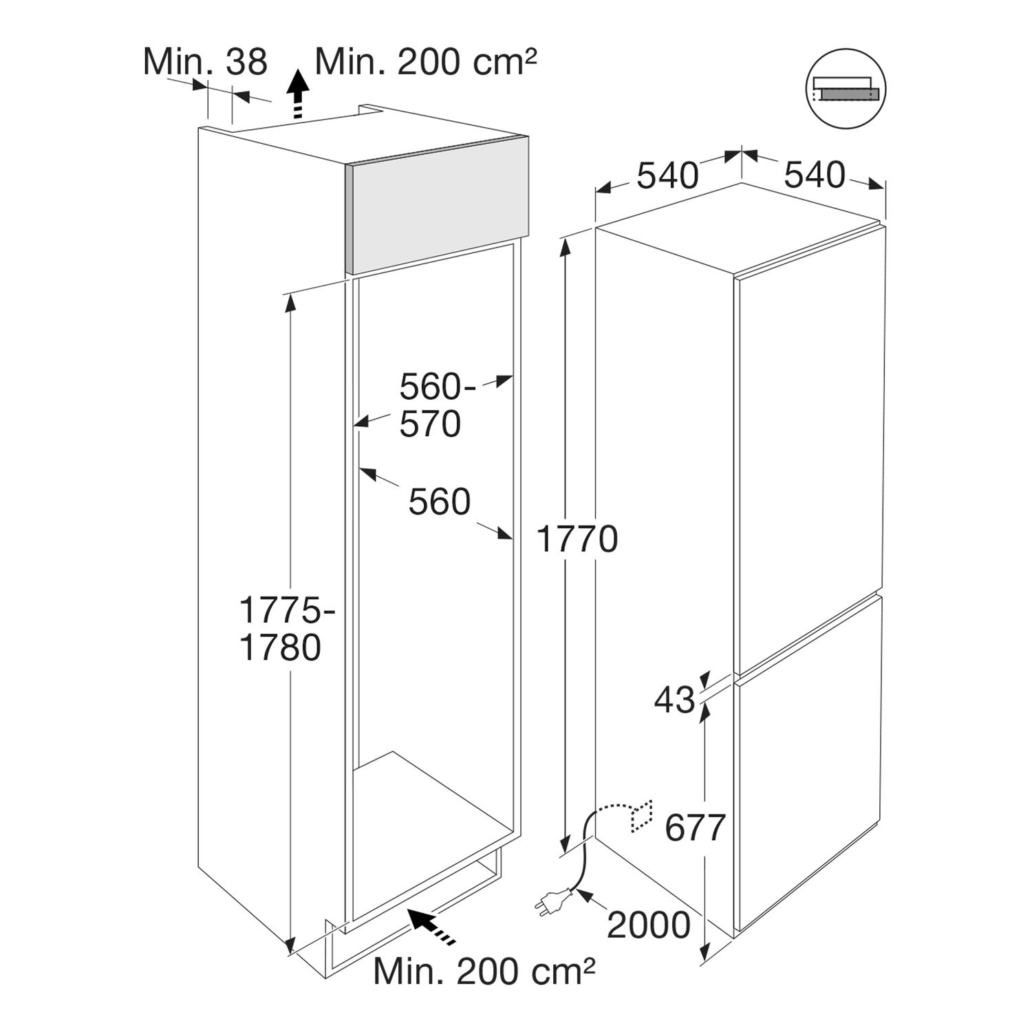Technical drawing of a refrigerator's dimensions.