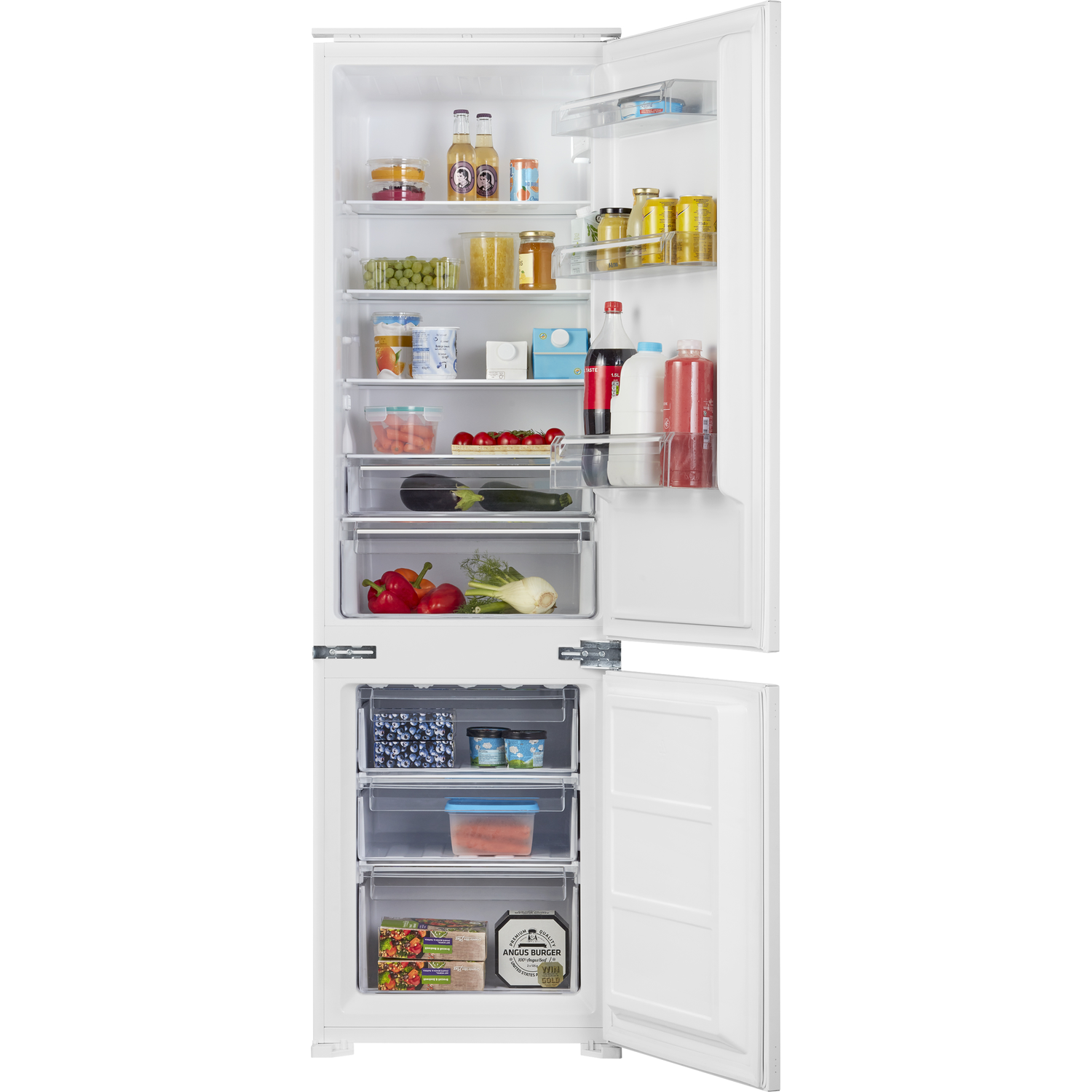 White refrigerator with opened door, full of food.  Background is a white wall.