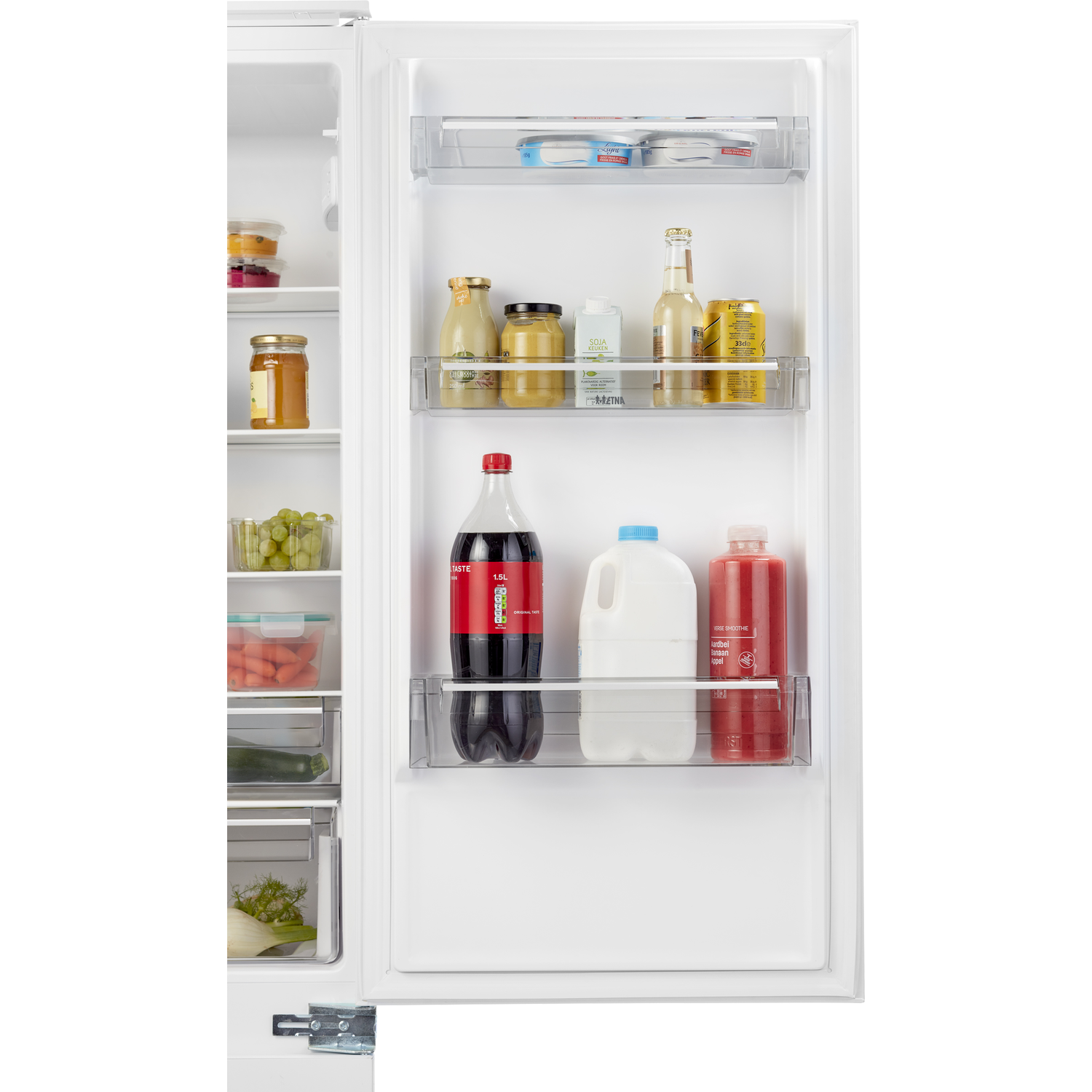 Refrigerator interior. Various items: fruit, jars, bottles, juice, and soda within.