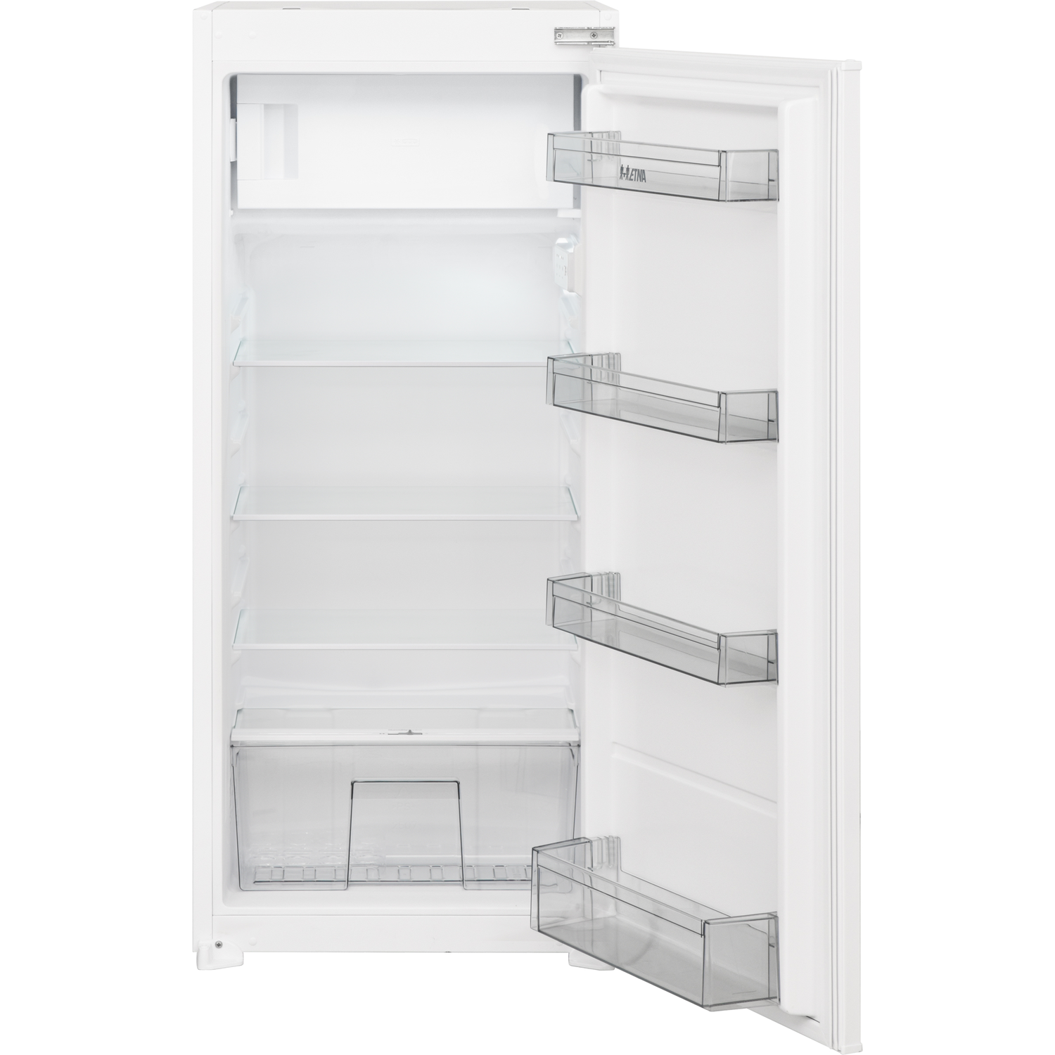 A white refrigerator with the door open, showing shelves and storage compartments.