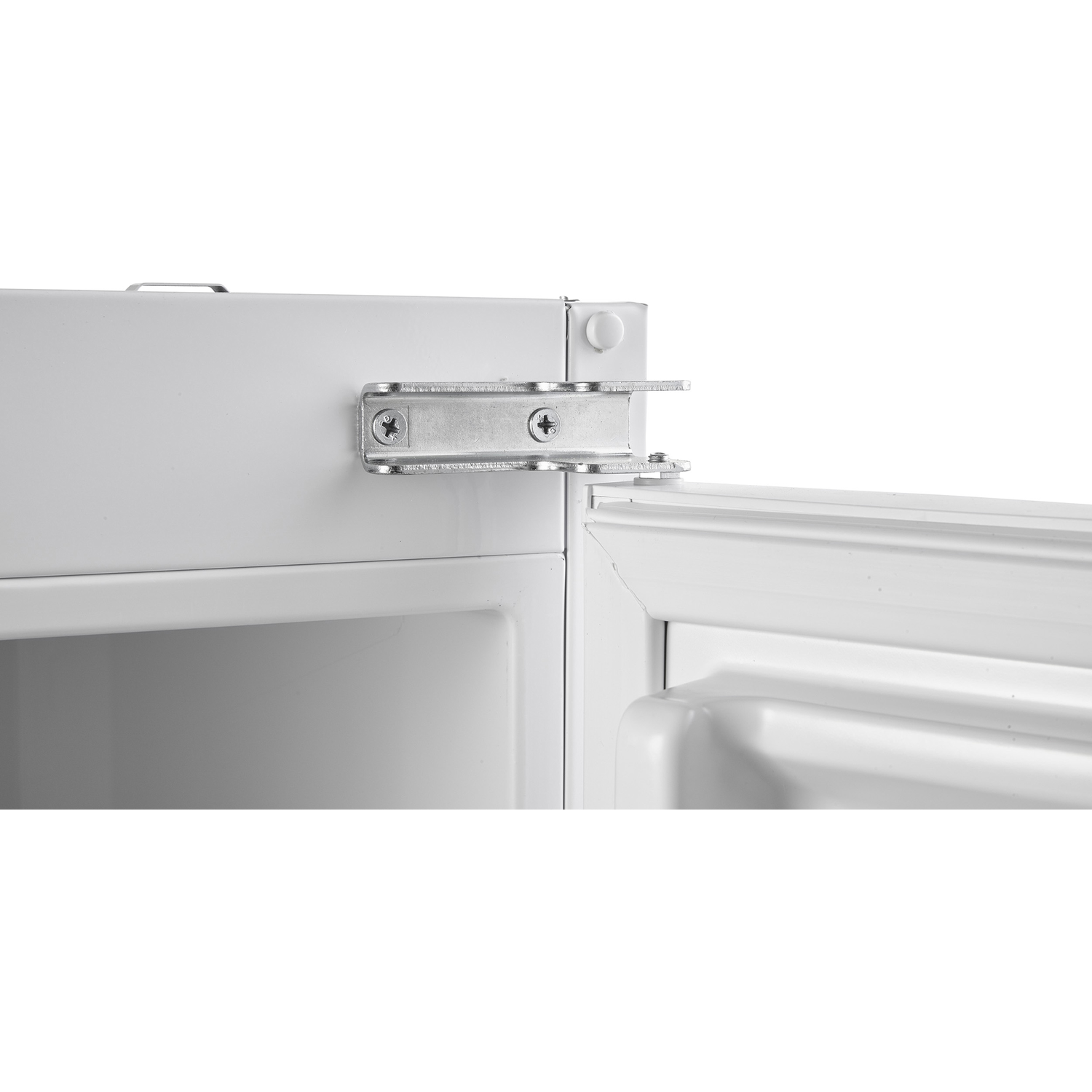 Close-up of a white refrigerator door hinge with screws. The door is ajar.