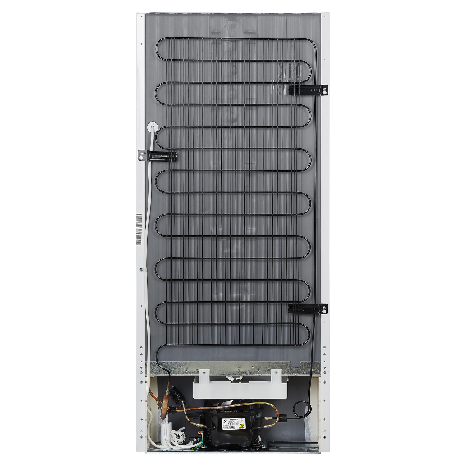 Back of a white refrigerator. Shows the condenser coils and compressor. Wires and tubes are visible.