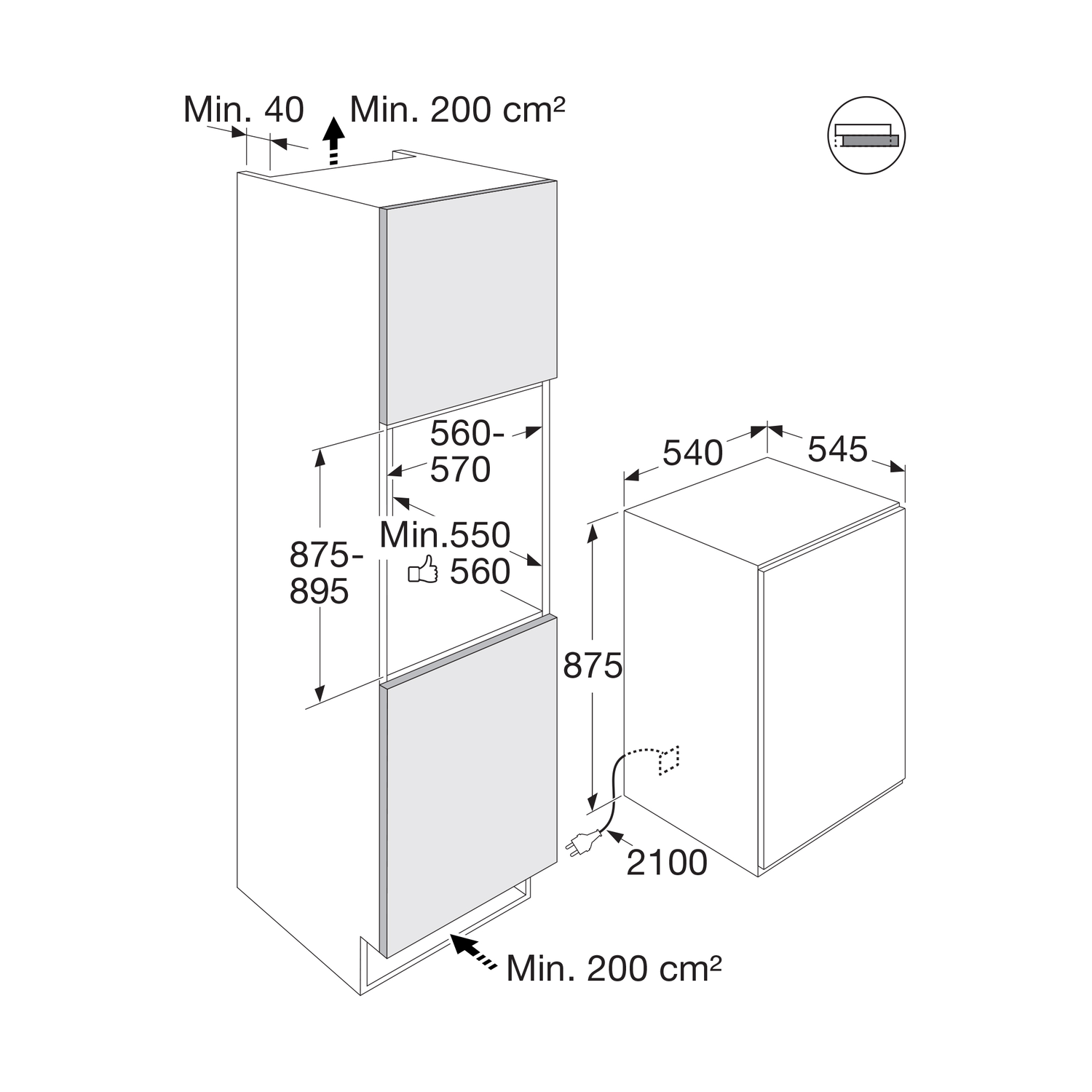 Technical drawing with measurements of a built-in refrigerator and freezer. 