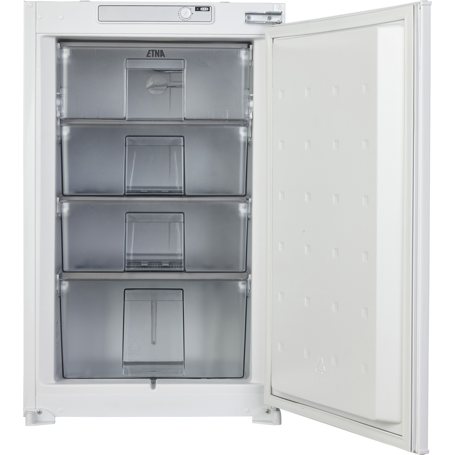 Close-up of a refrigerator door hinge. Metal and white components are visible.