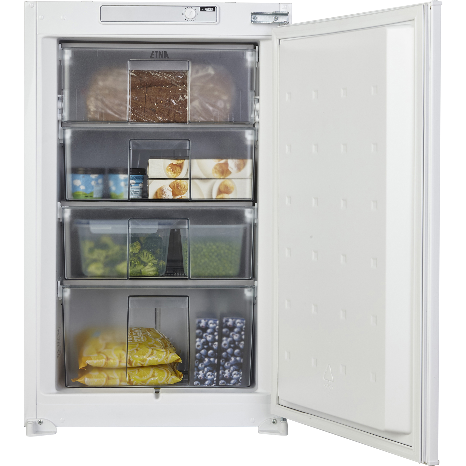 Freezer interior open, showing drawers with frozen food. Contains vegetables, pastries, and ice cream.