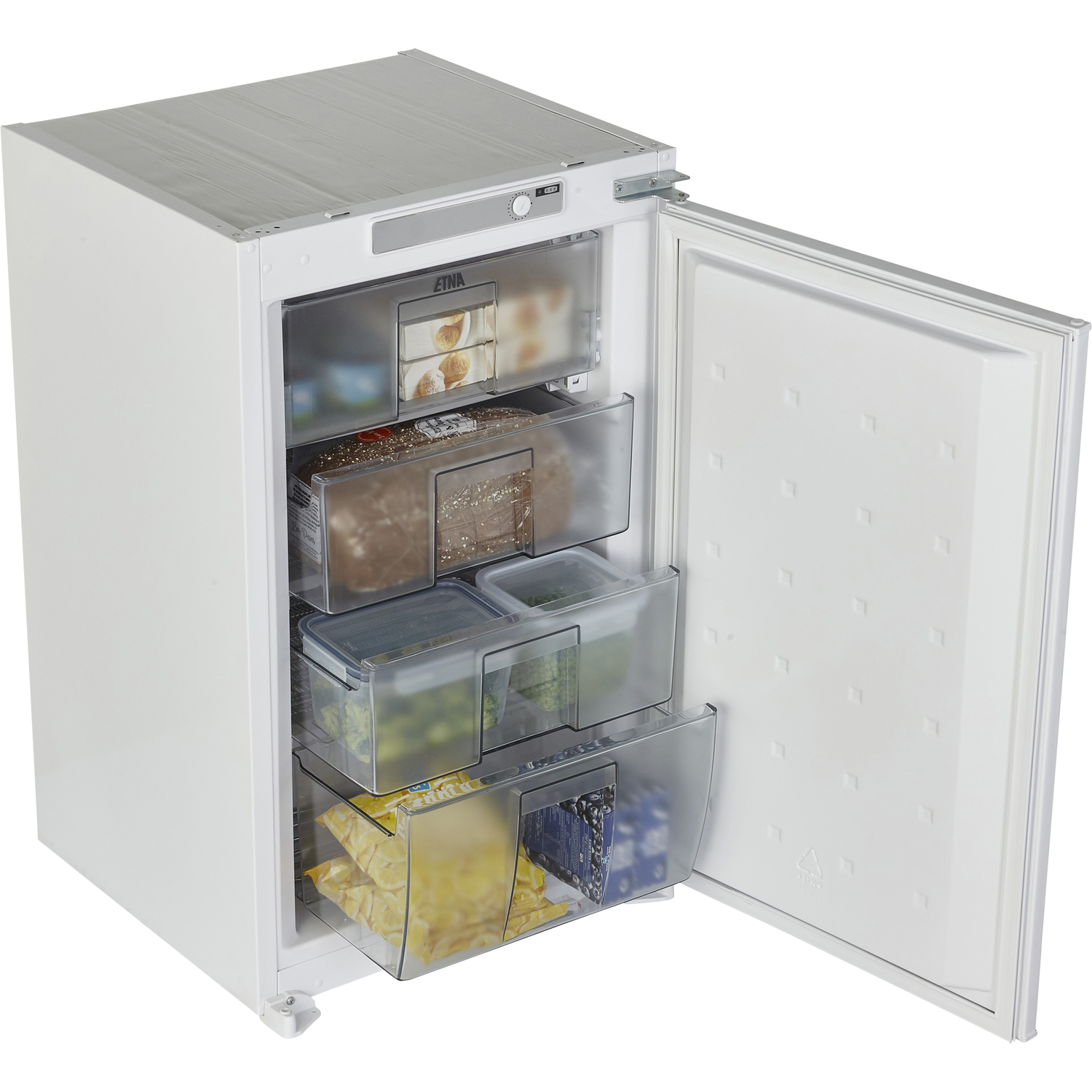 White refrigerator with open door, showing freezer drawers with frozen food. Clear plastic containers are visible.
