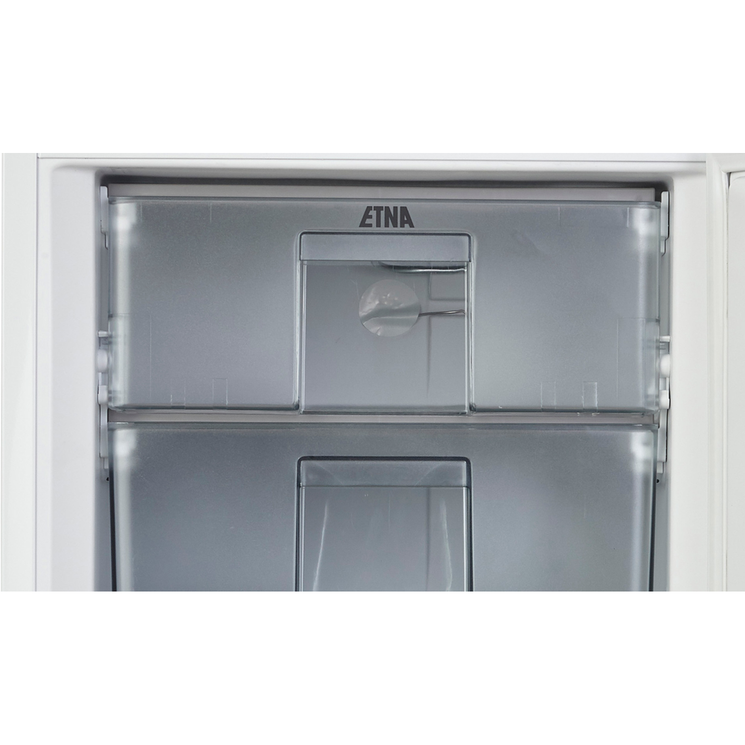 Inside view of a white refrigerator with two transparent drawers. The 'ETNA' logo is visible.