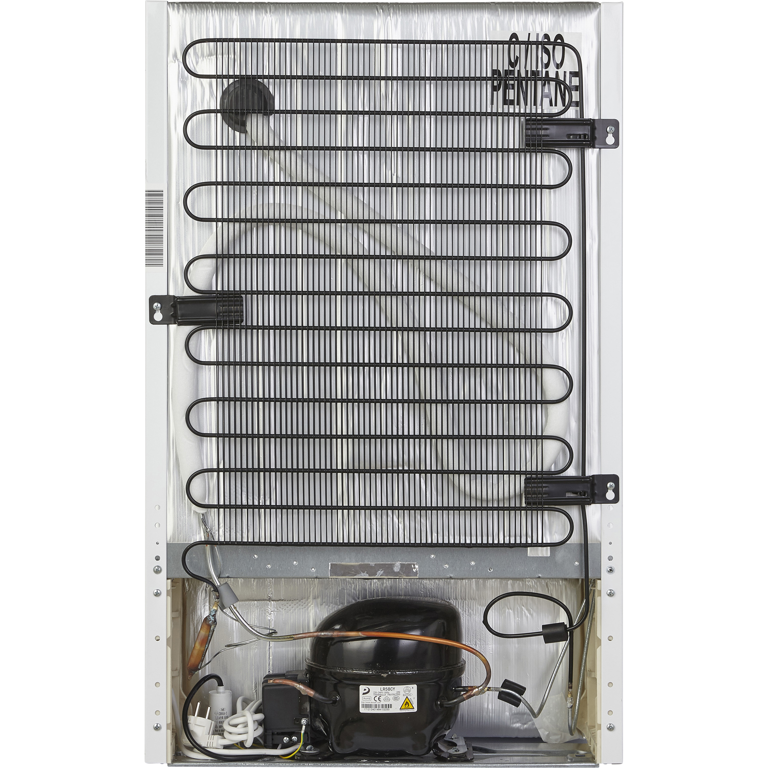Back of a refrigerator showing the compressor, coils, and other components.