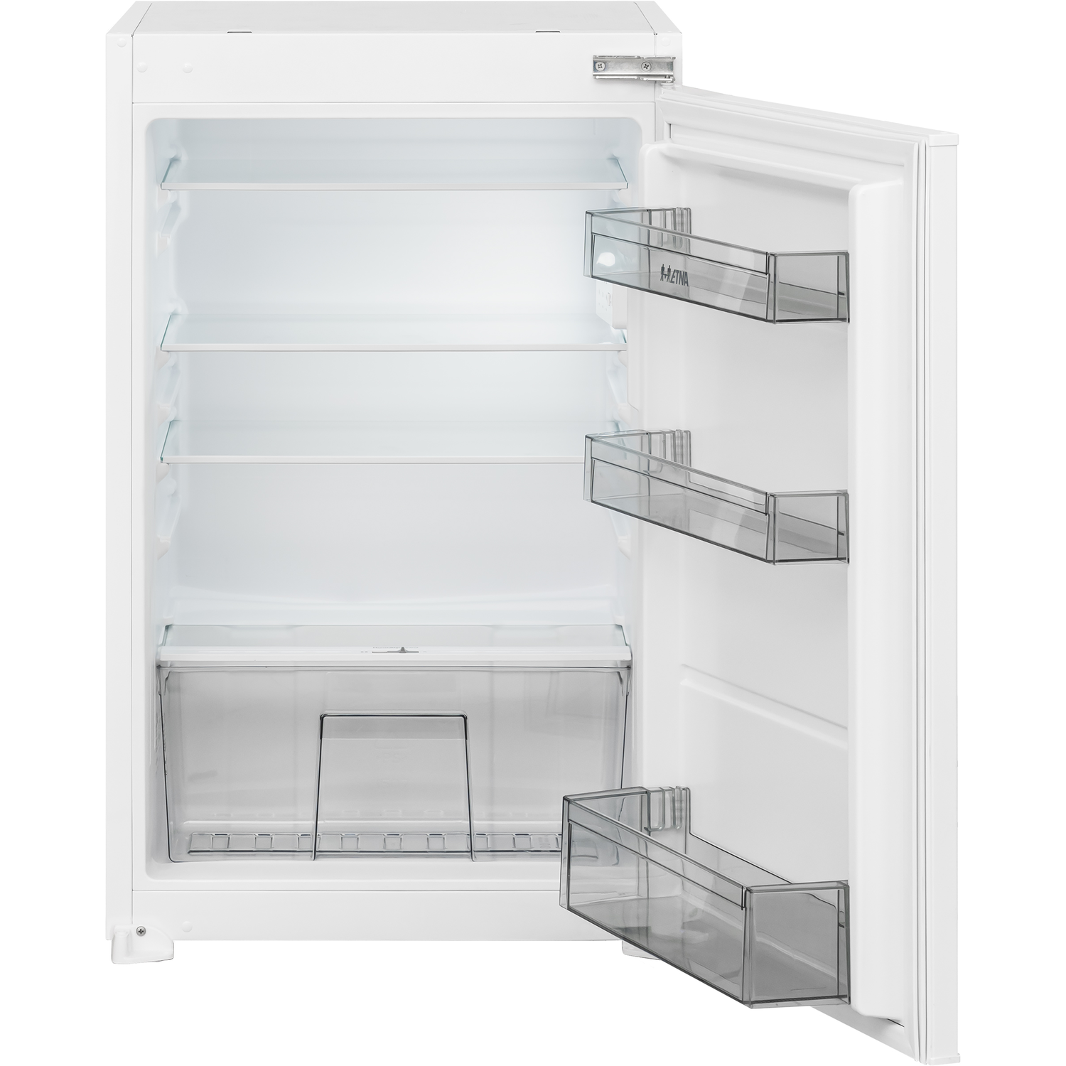 White refrigerator with open door, showing shelves and transparent drawers. White background.