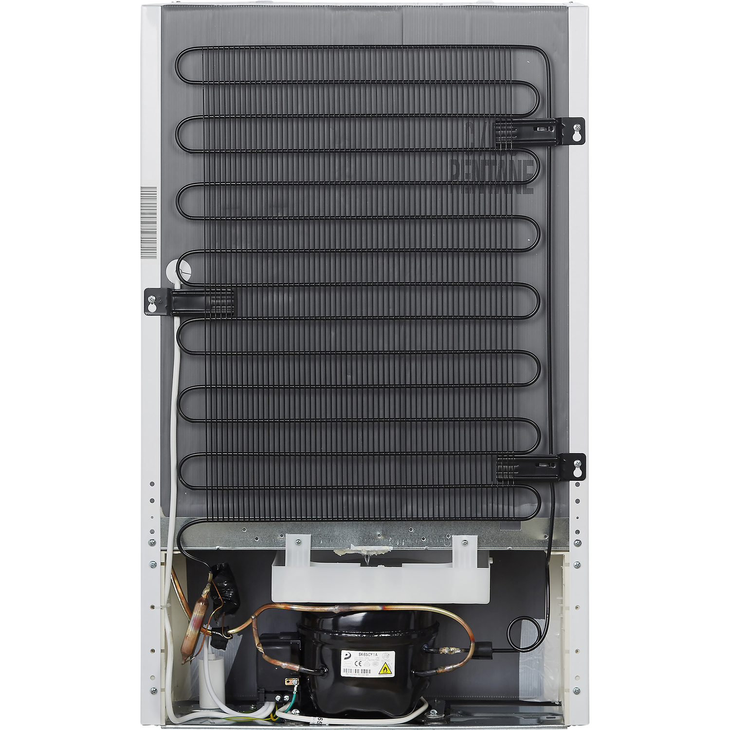 Back of a refrigerator with black coils and mechanical components.
