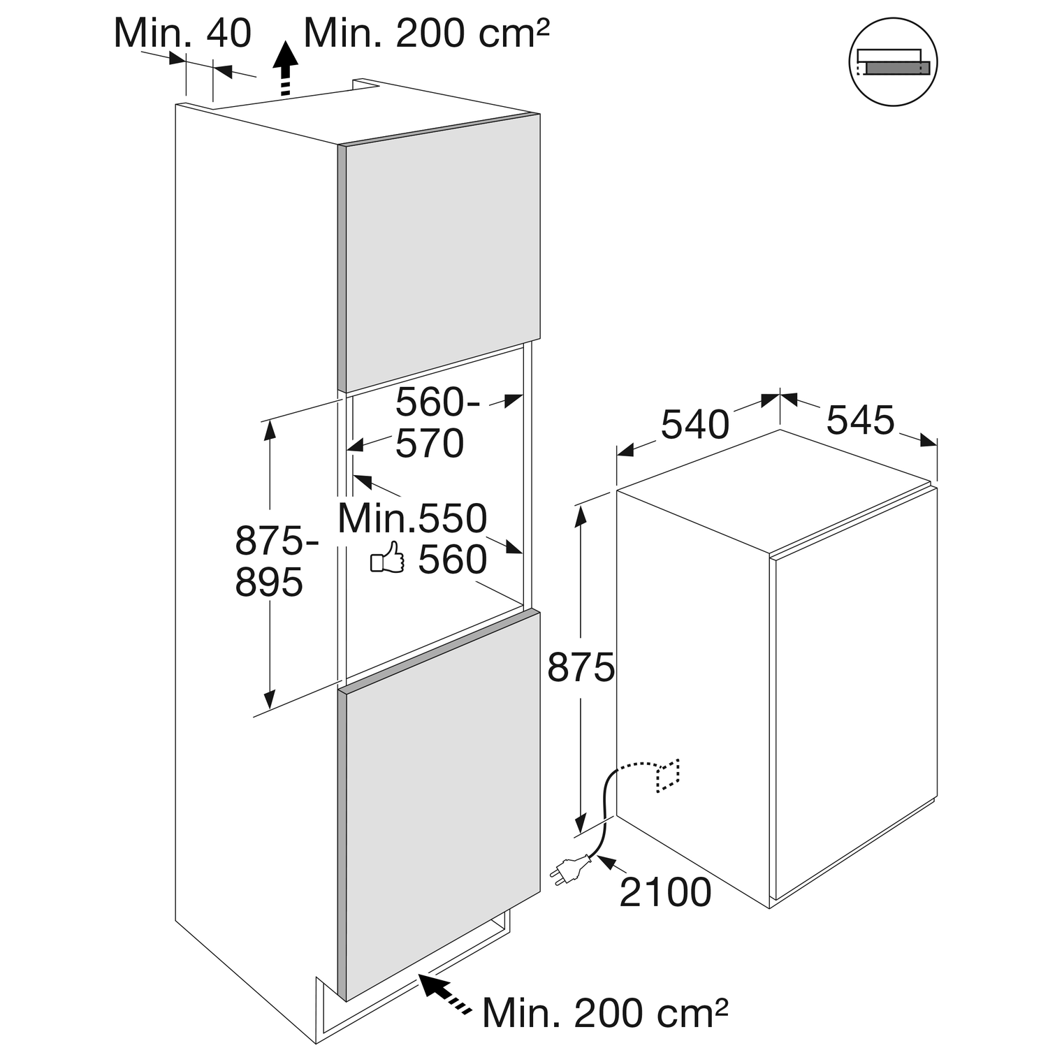 Technical drawing of a refrigerator's dimensions.