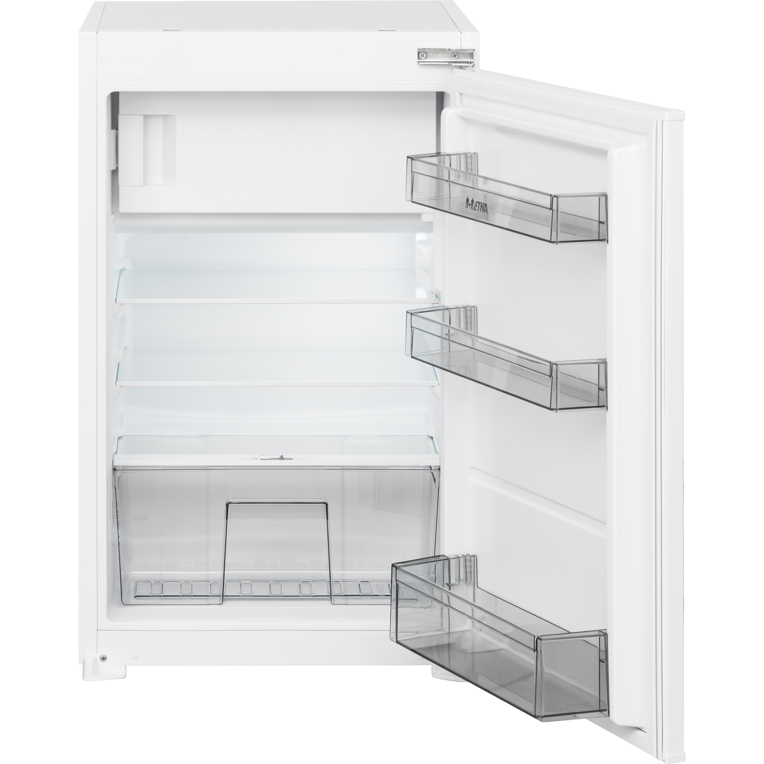 White refrigerator with open door. Shelves and drawers are visible.