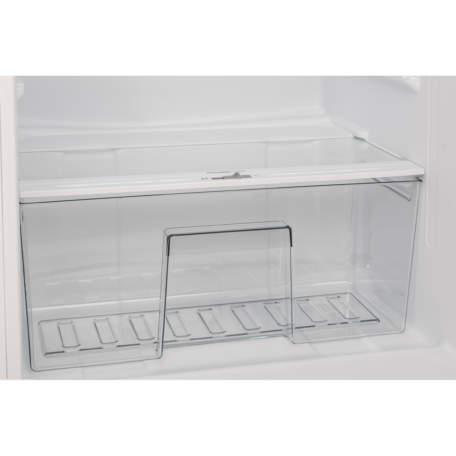 Inside a transparent refrigerator. Features a clear container and various shelves.