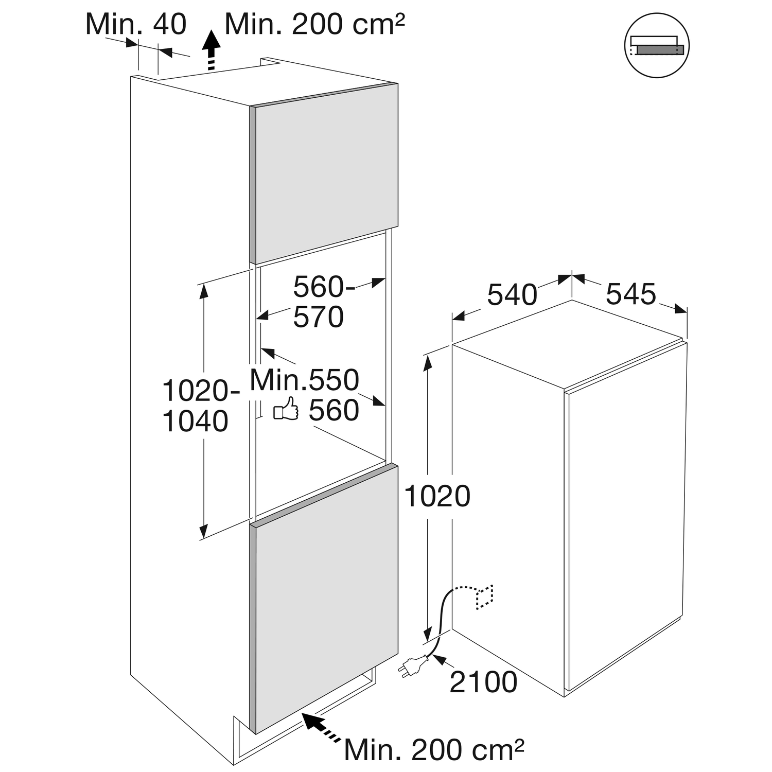 Diagram of built-in appliance with dimensions. Shows height, width, and space requirements in cm.