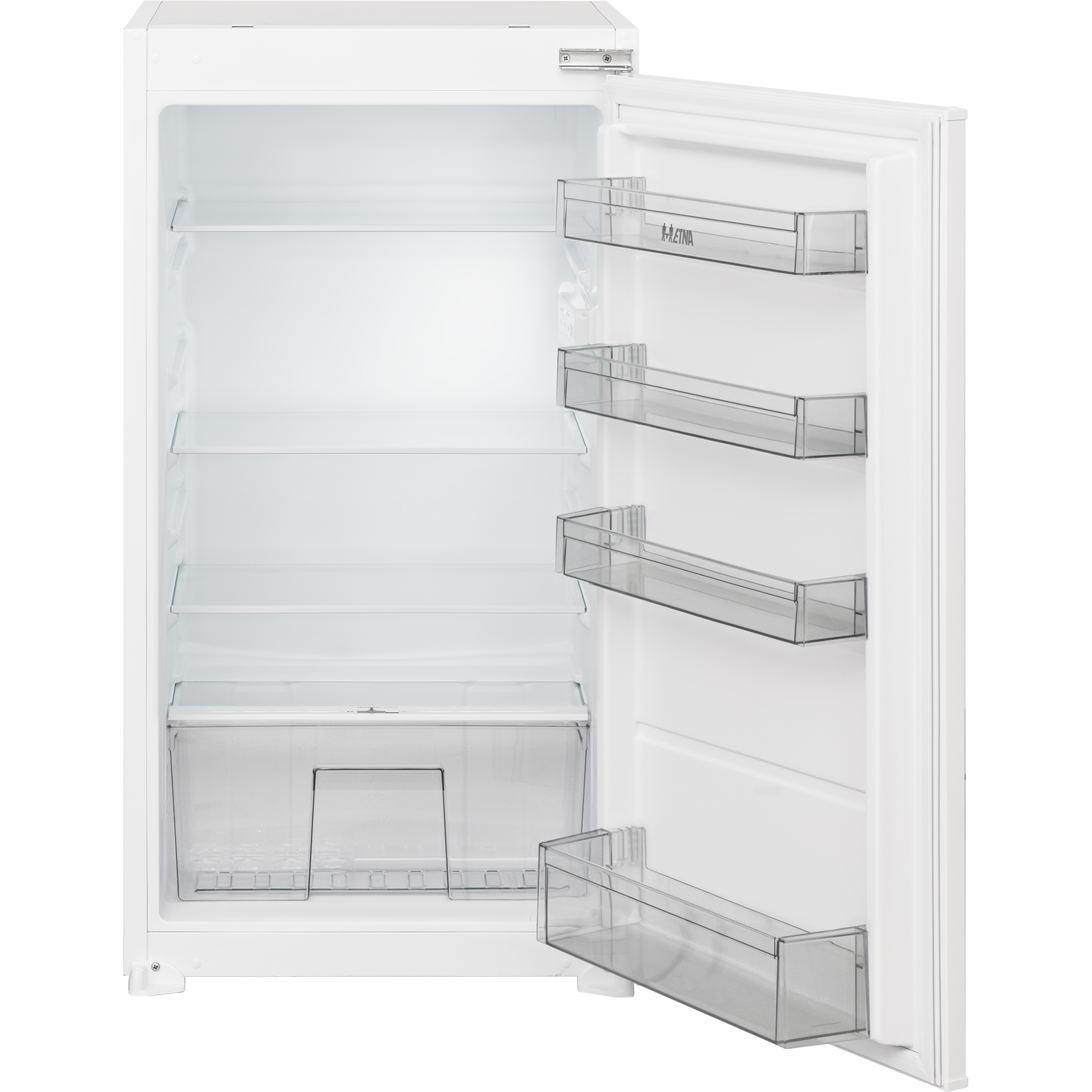 White refrigerator with open door, shelves visible, interior lit. Transparent bins on the door.