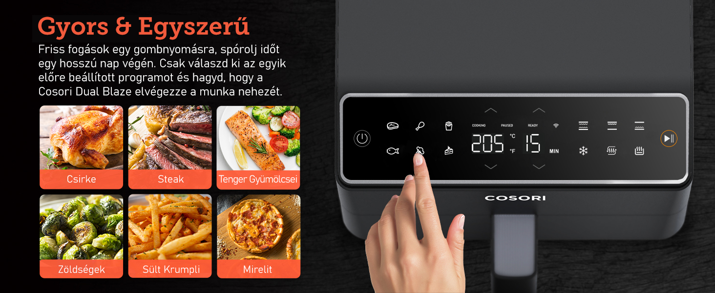 Légkeveréses sütő ételekkel a képernyőn és kézzel érintve. Az ételek képei: csirke, sült krumpli és steak.