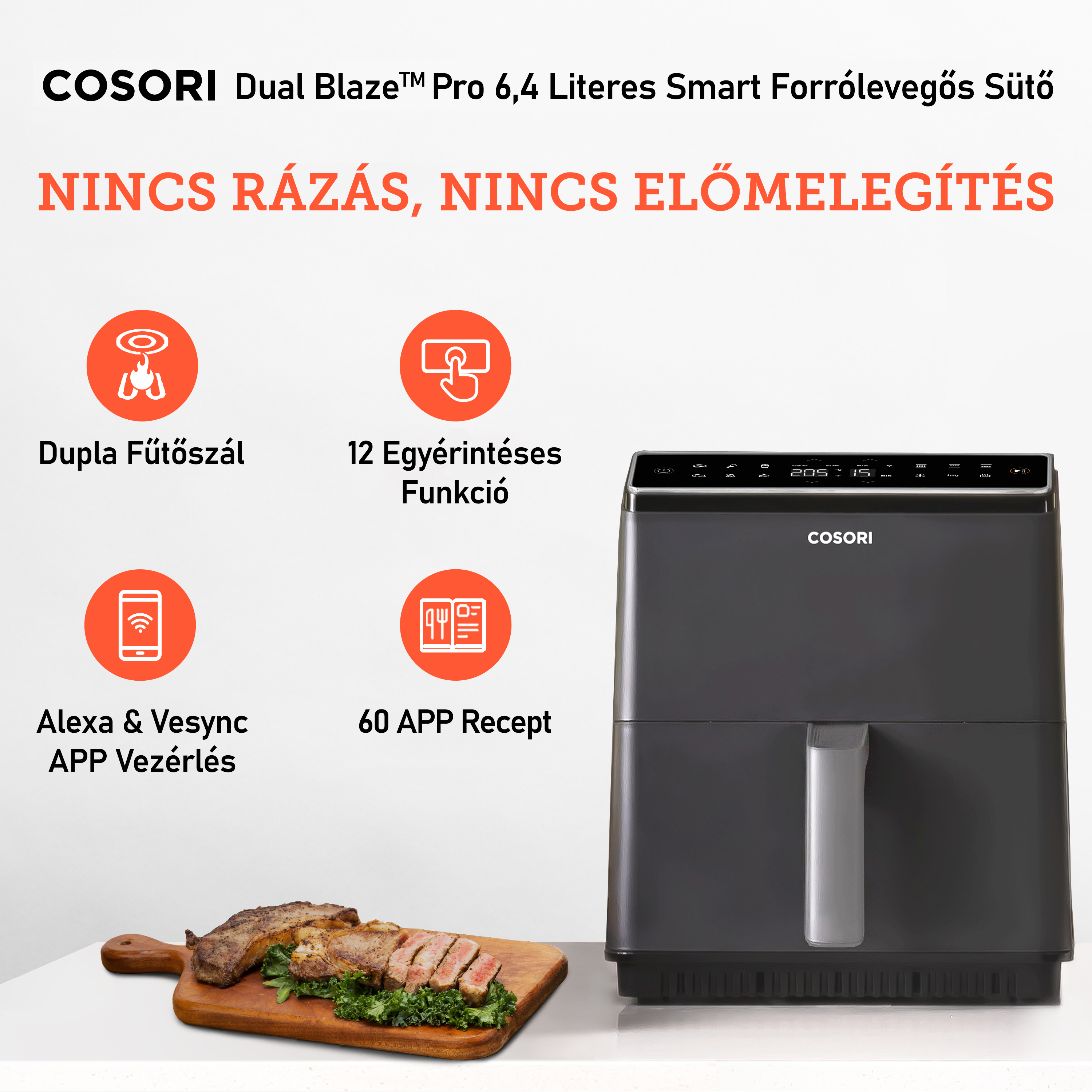 Légsütő szöveggel és ikonokkal, és egy fa deszka étellel.