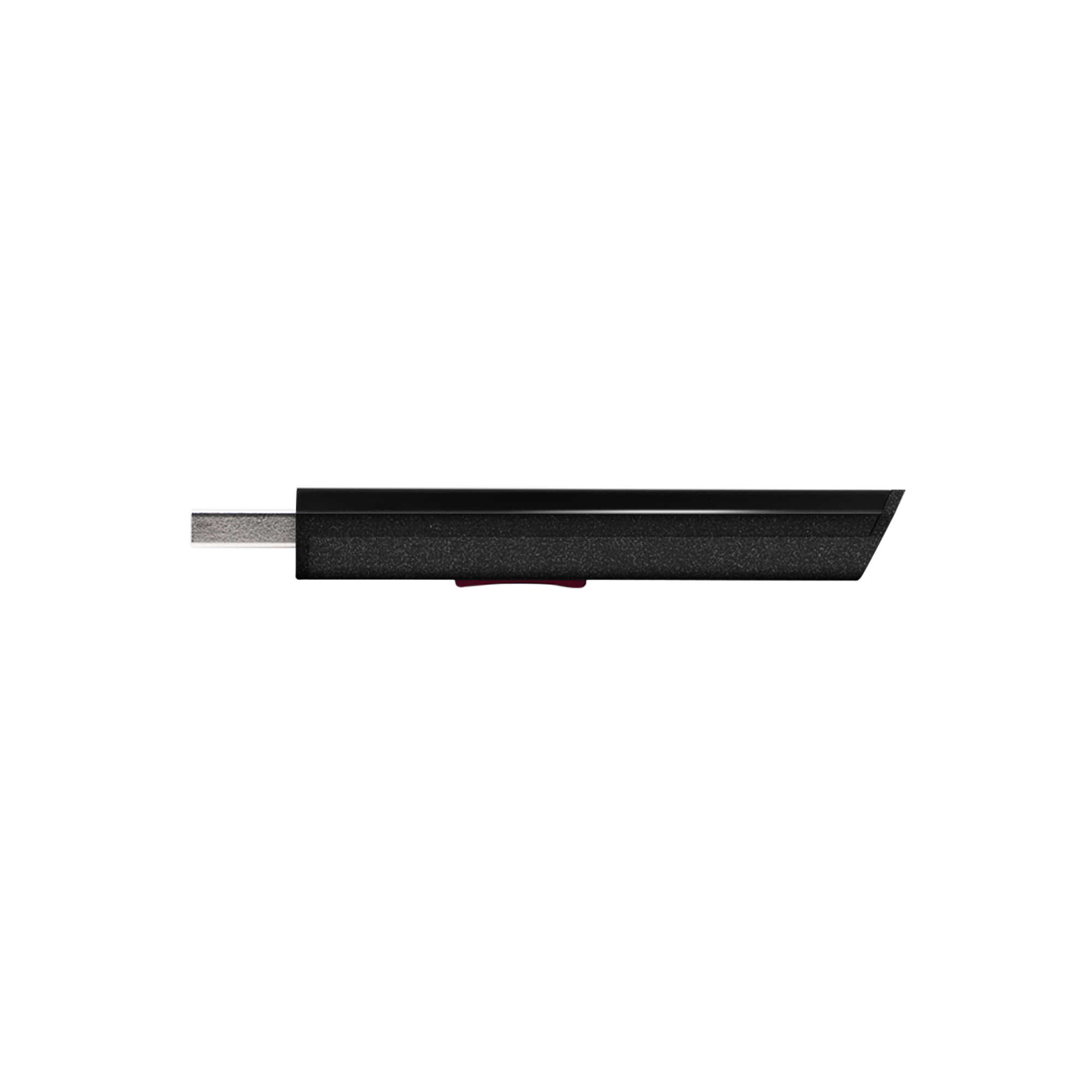 Fekete USB meghajtó ezüst USB csatlakozóval fekete háttéren.